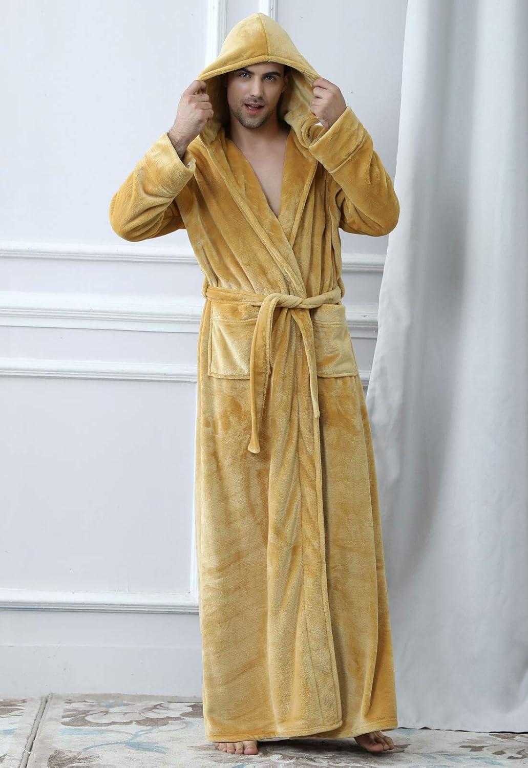 imageFlygo Mens Plush Fleece Robe with Shawl Collar Soft Warm Lightweight Hooded Spa Bath RobeYellow