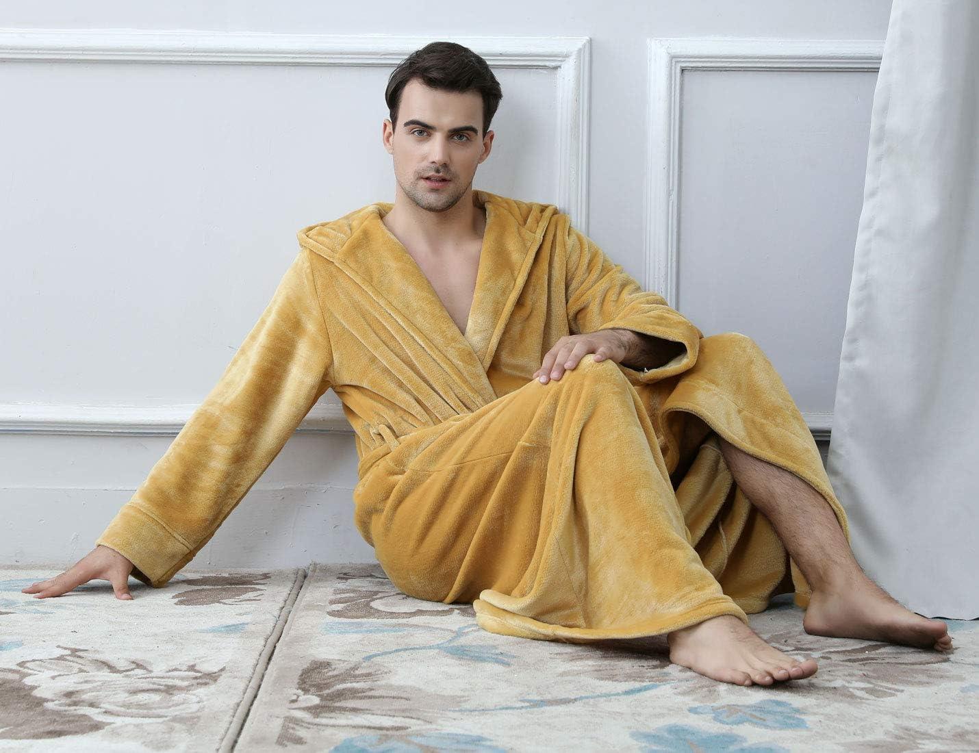 imageFlygo Mens Plush Fleece Robe with Shawl Collar Soft Warm Lightweight Hooded Spa Bath RobeYellow