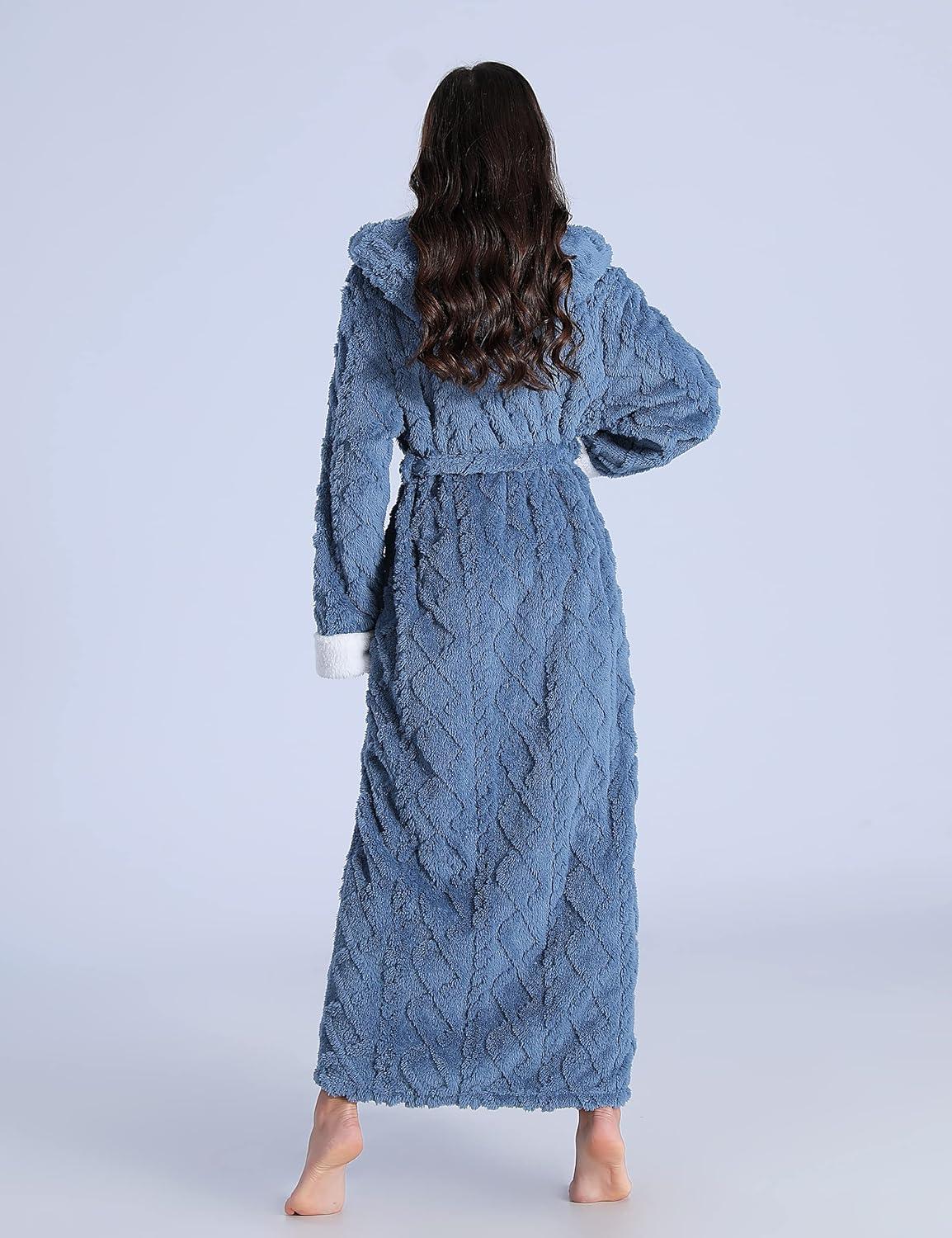 imageFlygo Plush Fleece Robe for Women Soft Warm Full Length Long Hooded Bathrobe with Hood Luxury Warm Housecoats02 Blue