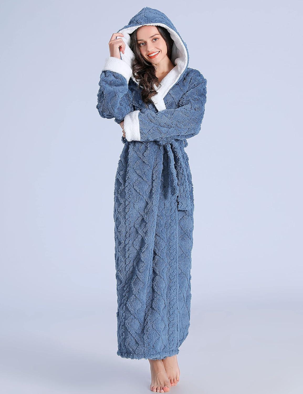 imageFlygo Plush Fleece Robe for Women Soft Warm Full Length Long Hooded Bathrobe with Hood Luxury Warm Housecoats02 Blue