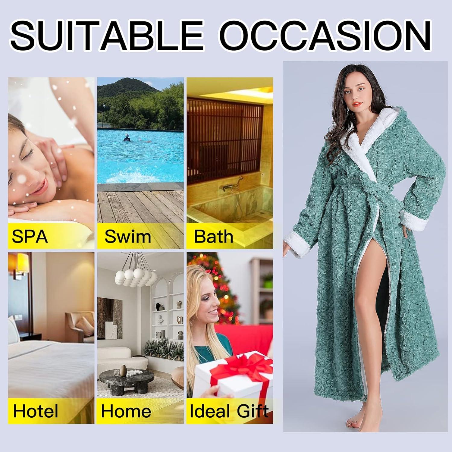 imageFlygo Plush Fleece Robe for Women Soft Warm Full Length Long Hooded Bathrobe with Hood Luxury Warm Housecoats02 Green