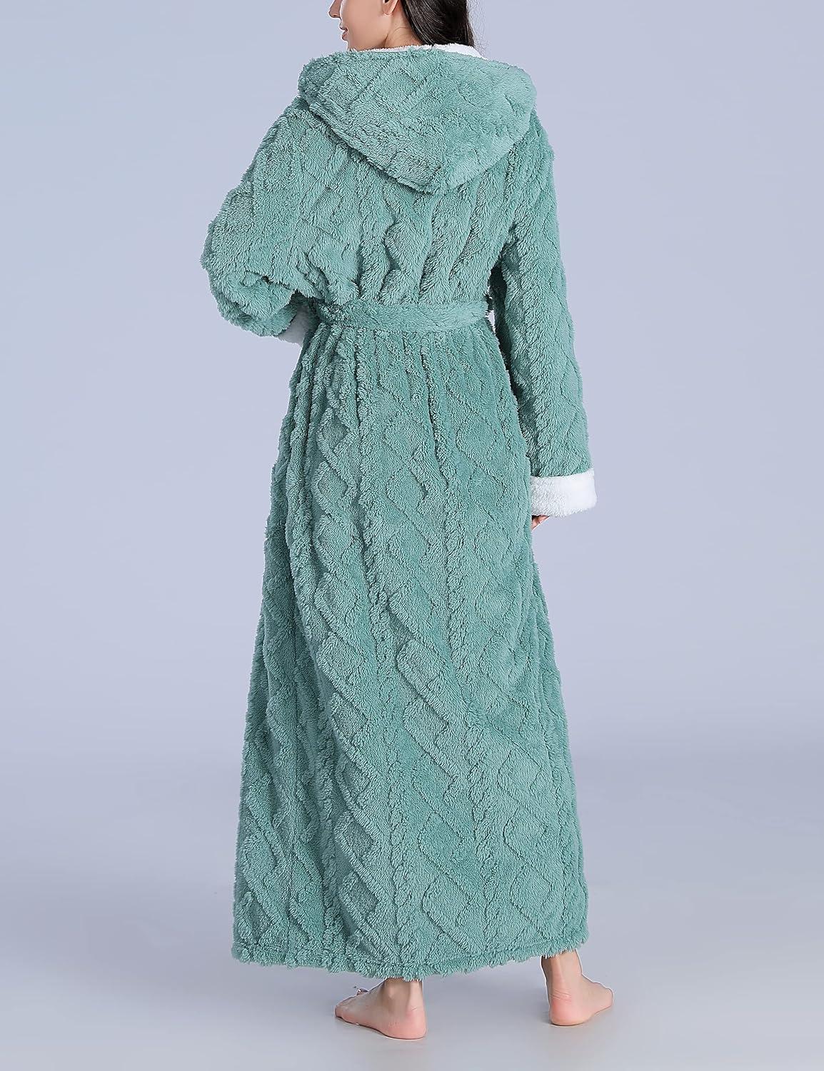 imageFlygo Plush Fleece Robe for Women Soft Warm Full Length Long Hooded Bathrobe with Hood Luxury Warm Housecoats02 Green