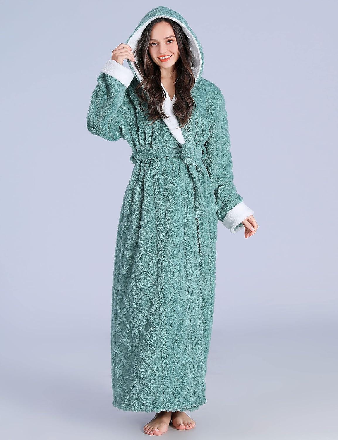 imageFlygo Plush Fleece Robe for Women Soft Warm Full Length Long Hooded Bathrobe with Hood Luxury Warm Housecoats02 Green