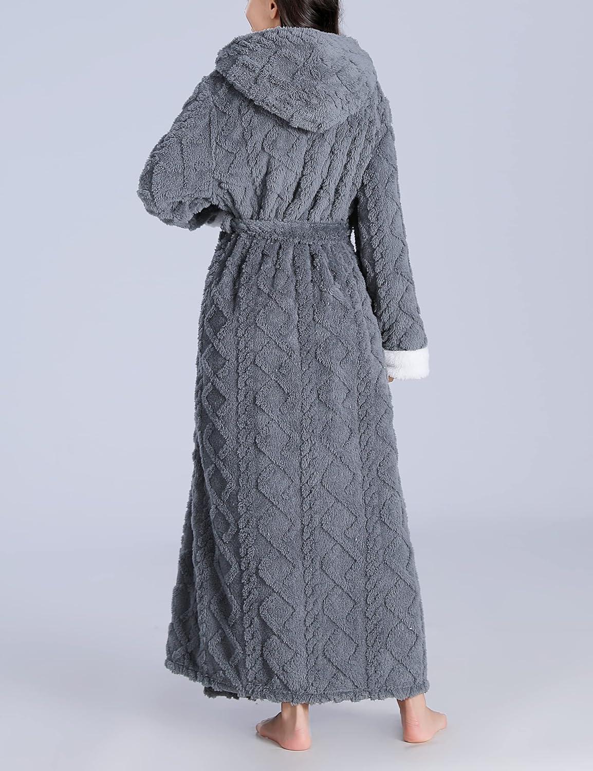 imageFlygo Plush Fleece Robe for Women Soft Warm Full Length Long Hooded Bathrobe with Hood Luxury Warm Housecoats02 Grey