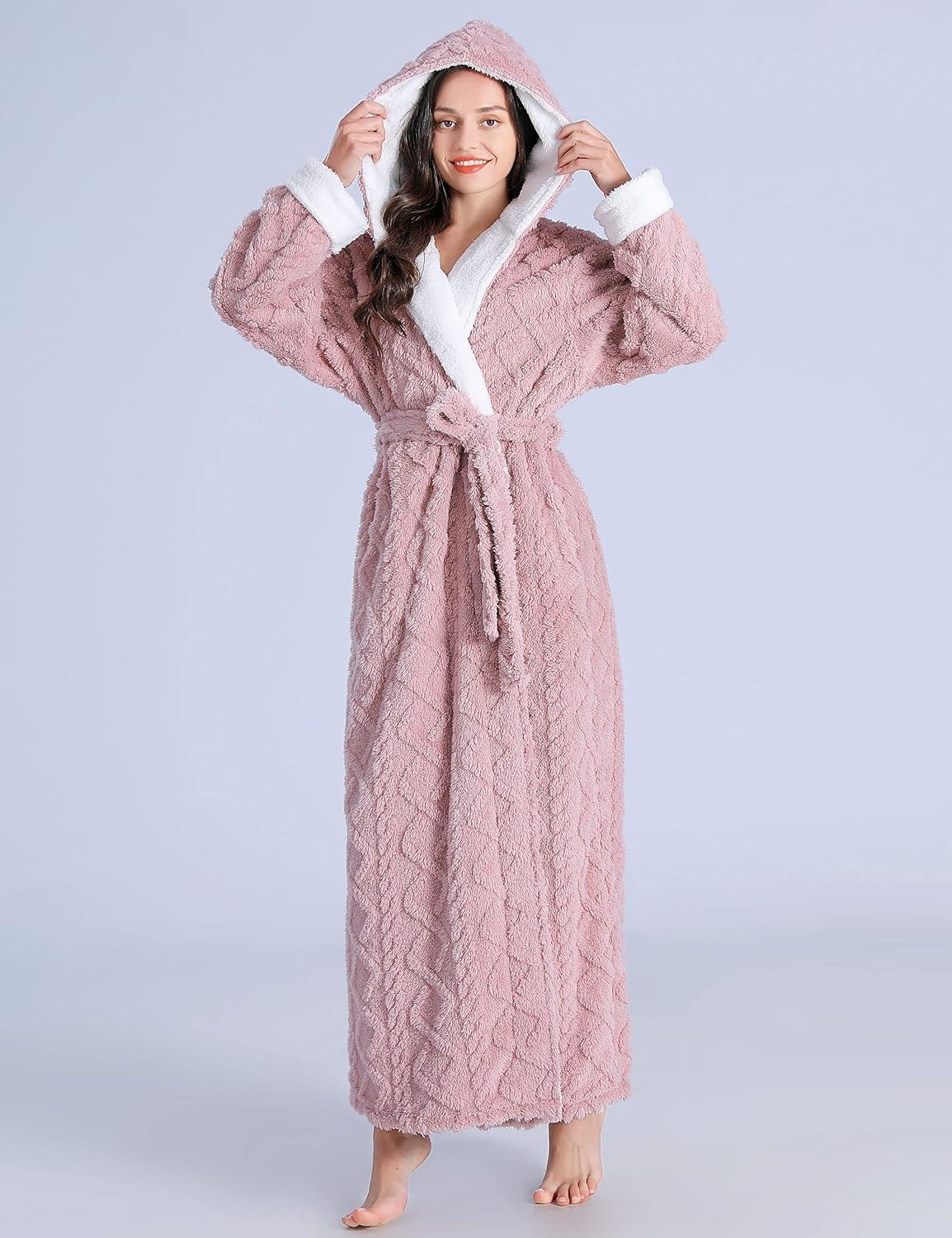 imageFlygo Plush Fleece Robe for Women Soft Warm Full Length Long Hooded Bathrobe with Hood Luxury Warm HousecoatsPinkM
