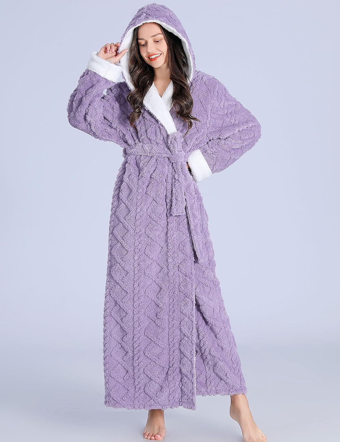 imageFlygo Plush Fleece Robe for Women Soft Warm Full Length Long Hooded Bathrobe with Hood Luxury Warm HousecoatsPurple