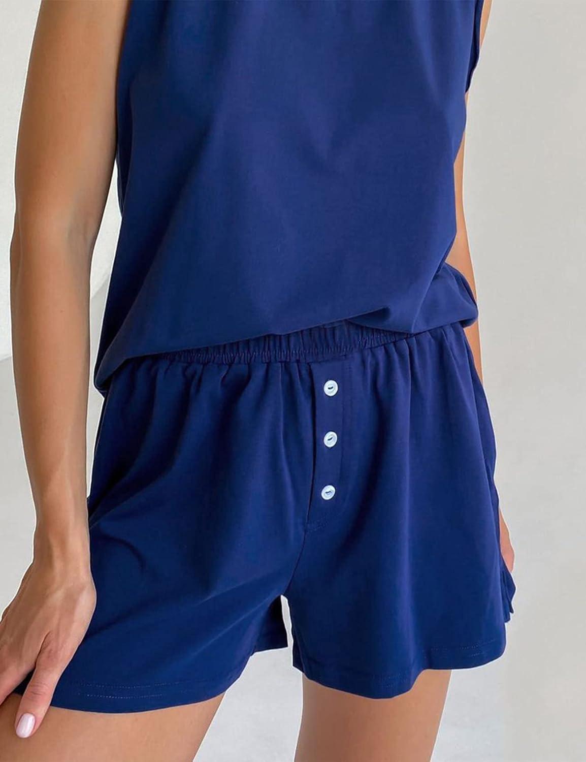 imageFlygo Women 2 Piece Outfits Crew Neck Tank Top Elastic Shorts Pajama SetsDark Blue