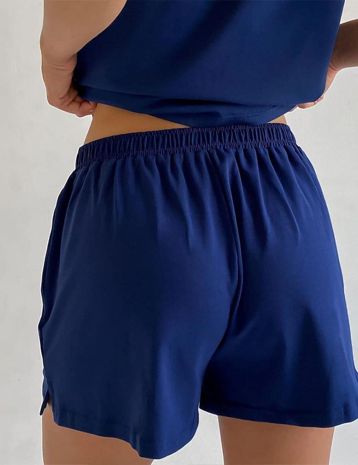 imageFlygo Women 2 Piece Outfits Crew Neck Tank Top Elastic Shorts Pajama SetsDark Blue