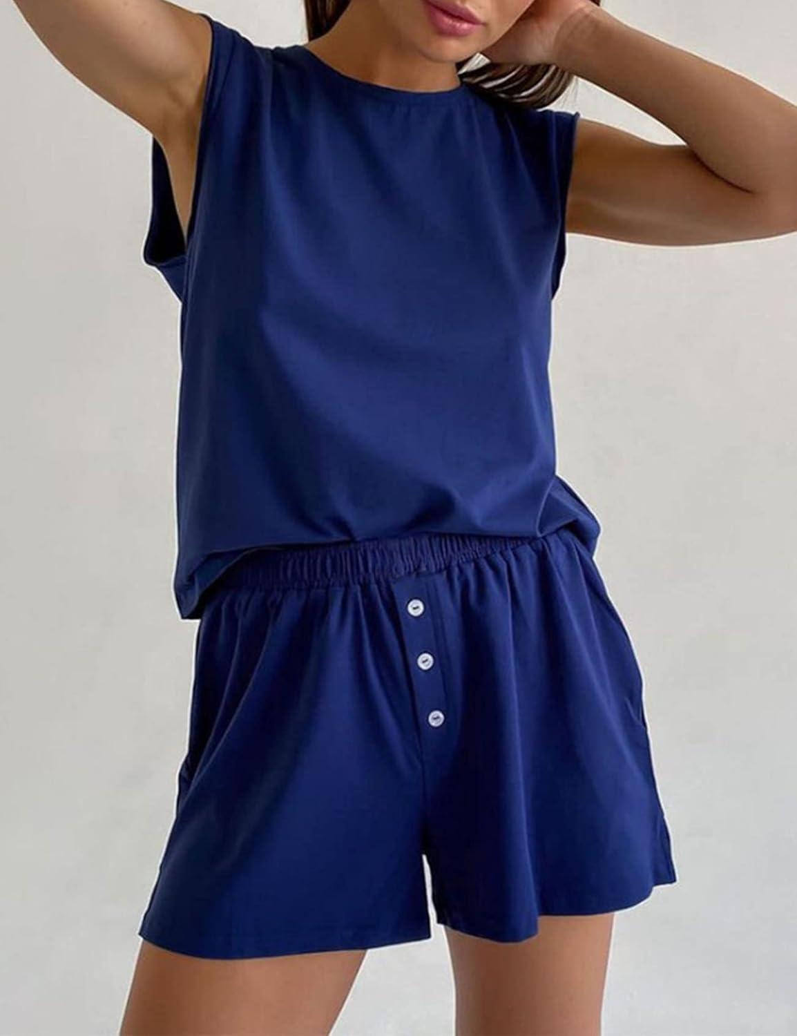 imageFlygo Women 2 Piece Outfits Crew Neck Tank Top Elastic Shorts Pajama SetsDark Blue