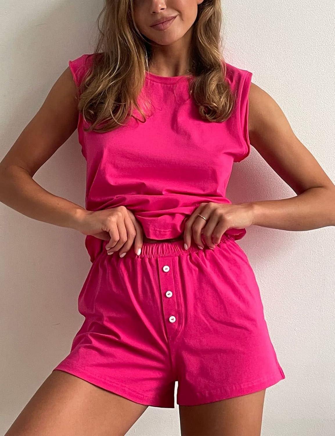 imageFlygo Women 2 Piece Outfits Crew Neck Tank Top Elastic Shorts Pajama SetsFuchsia