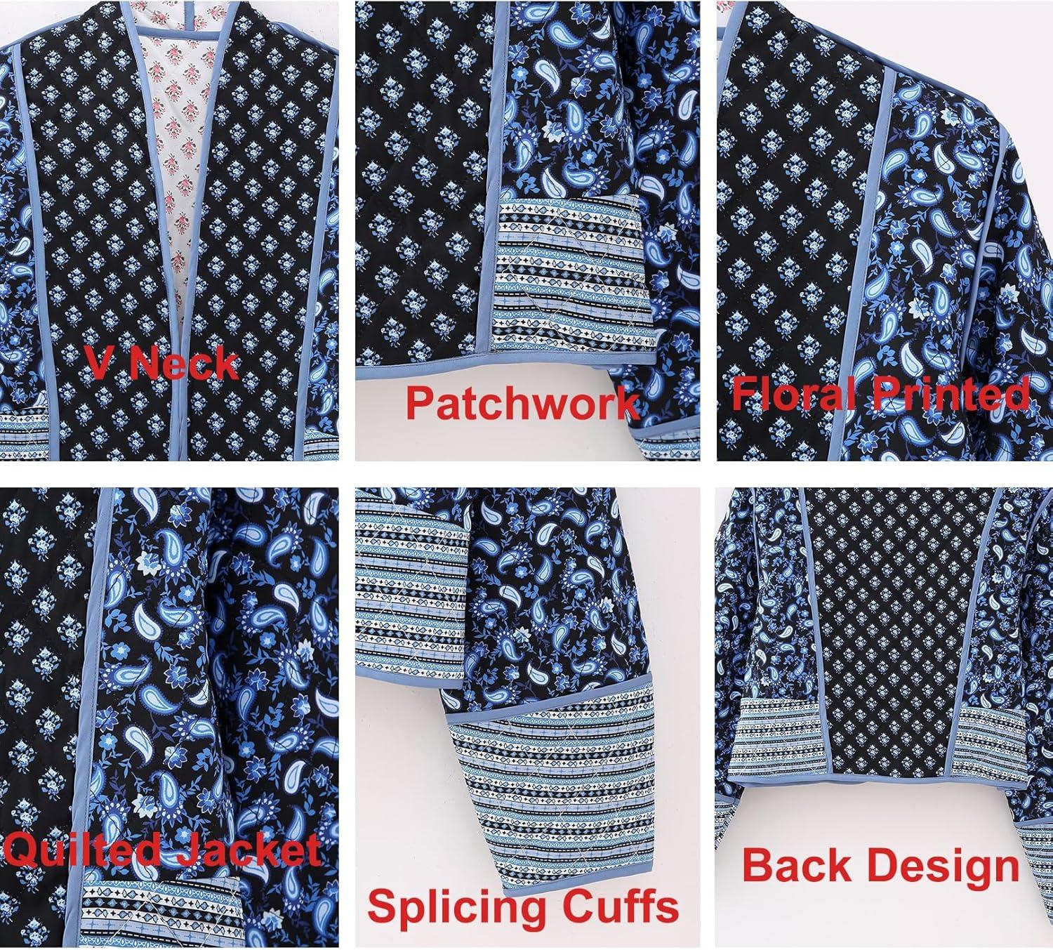 imageFlygo Women Cropped Puffer Jacket Cardigan Floral Printed Quilted Coats Lightweight Open Front Crop Padded Down Jackets01 Black