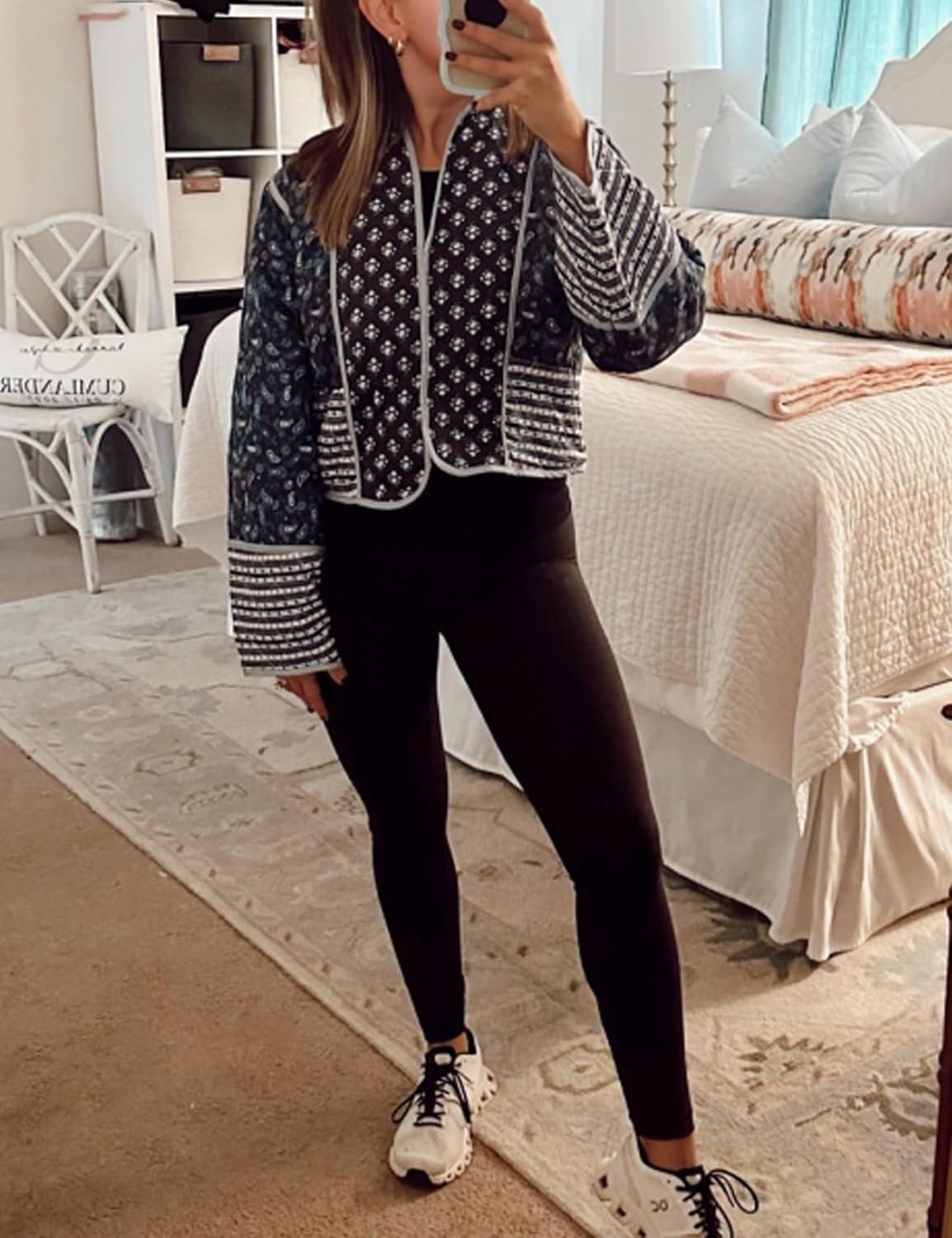 imageFlygo Women Cropped Puffer Jacket Cardigan Floral Printed Quilted Coats Lightweight Open Front Crop Padded Down Jackets01 Black