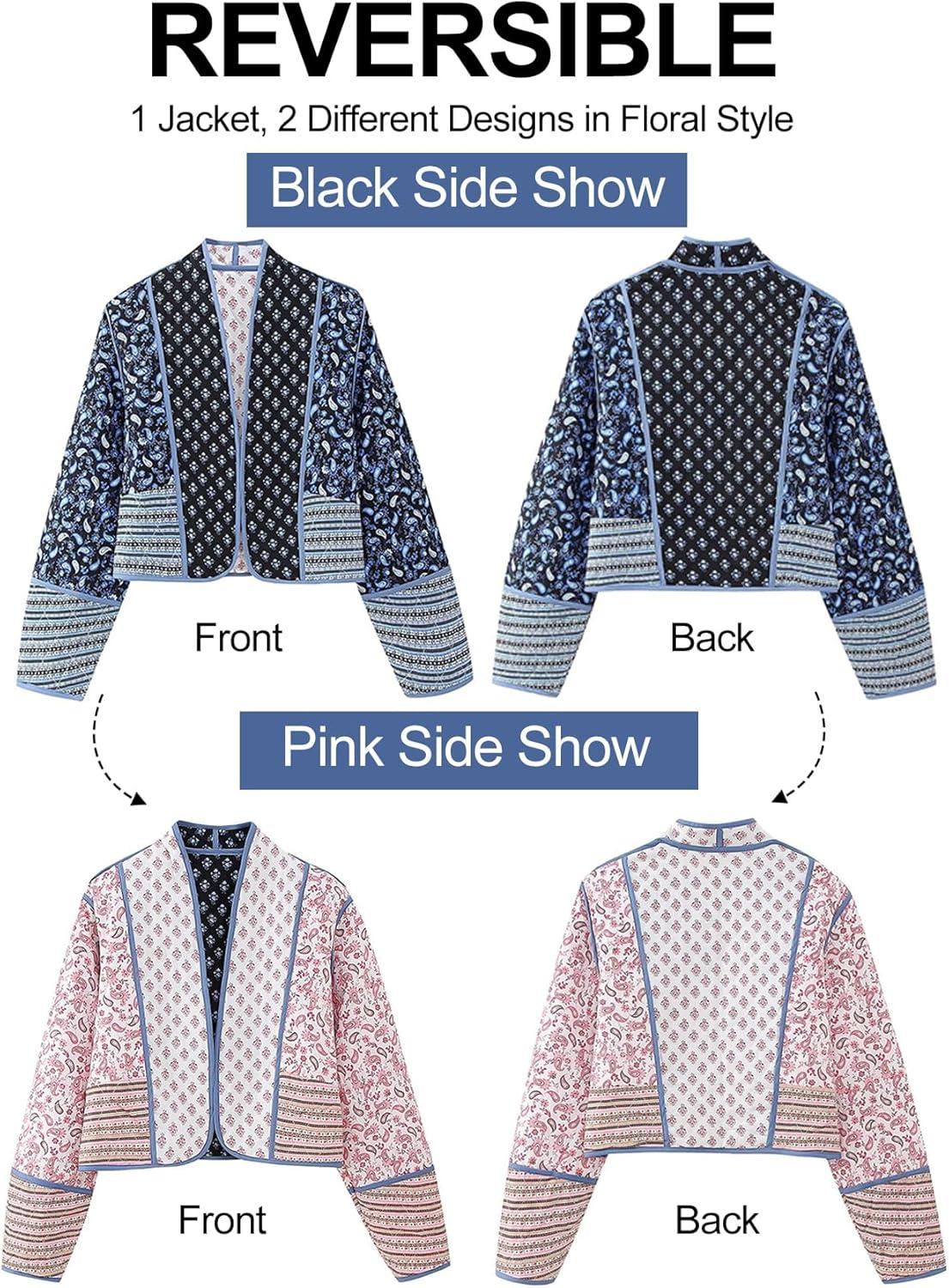 imageFlygo Women Cropped Puffer Jacket Cardigan Floral Printed Quilted Coats Lightweight Open Front Crop Padded Down Jackets01 Black