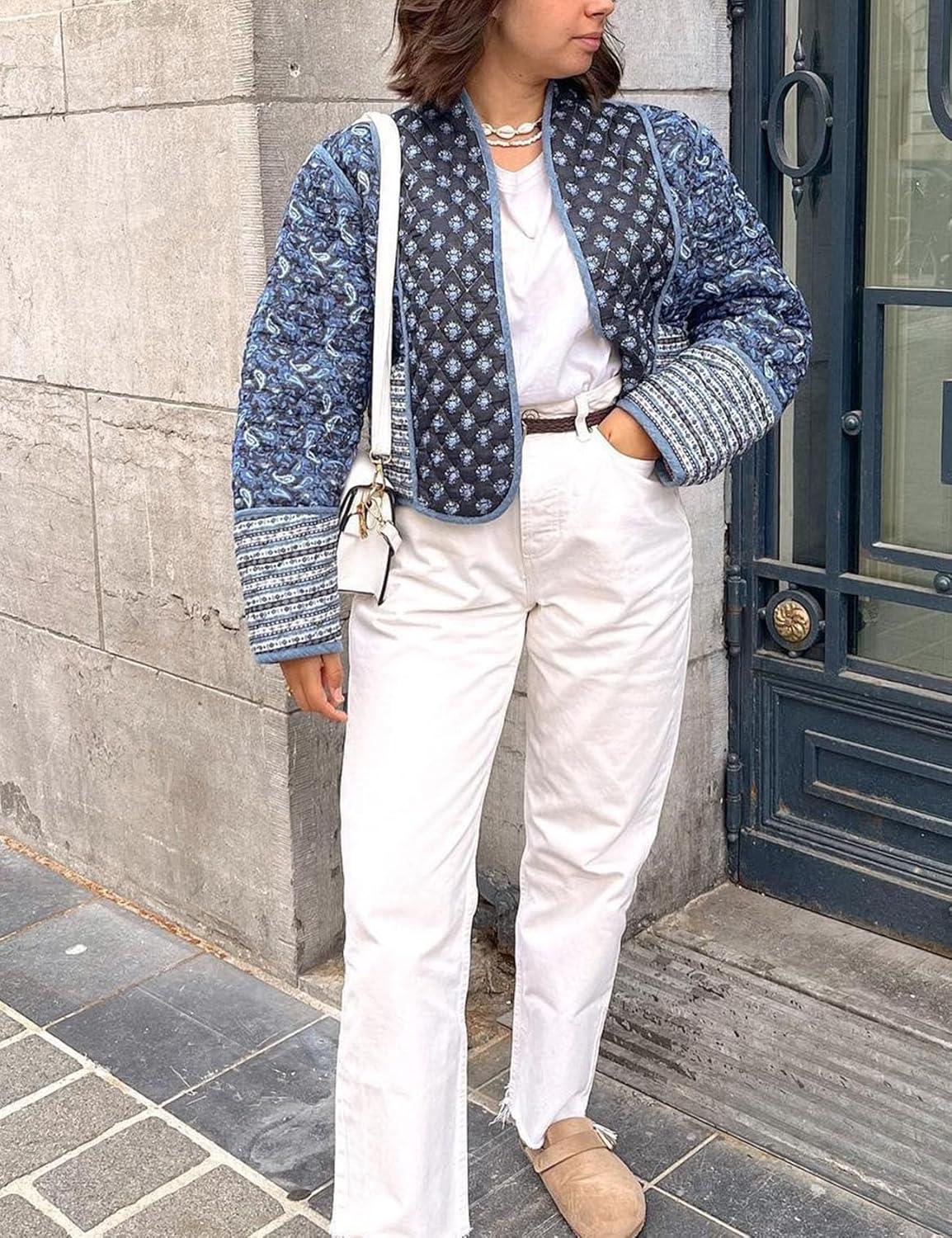 imageFlygo Women Cropped Puffer Jacket Cardigan Floral Printed Quilted Coats Lightweight Open Front Crop Padded Down Jackets01 Black