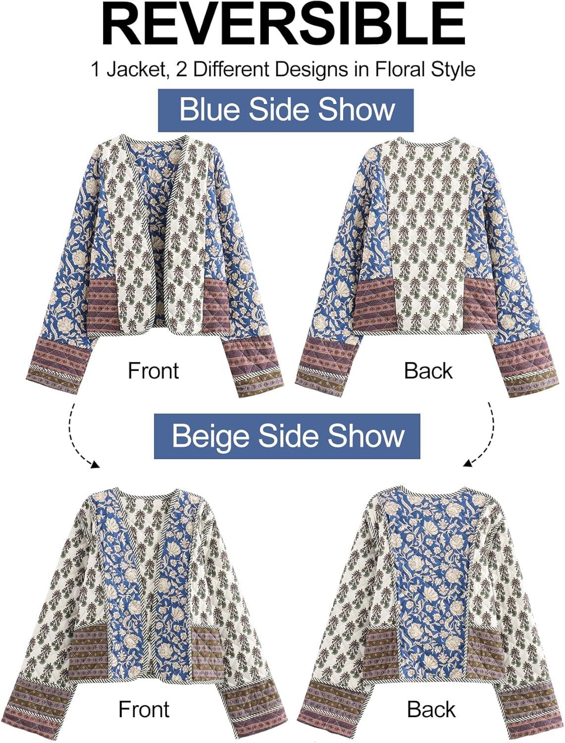 imageFlygo Women Cropped Puffer Jacket Cardigan Floral Printed Quilted Coats Lightweight Open Front Crop Padded Down Jackets01 Blue