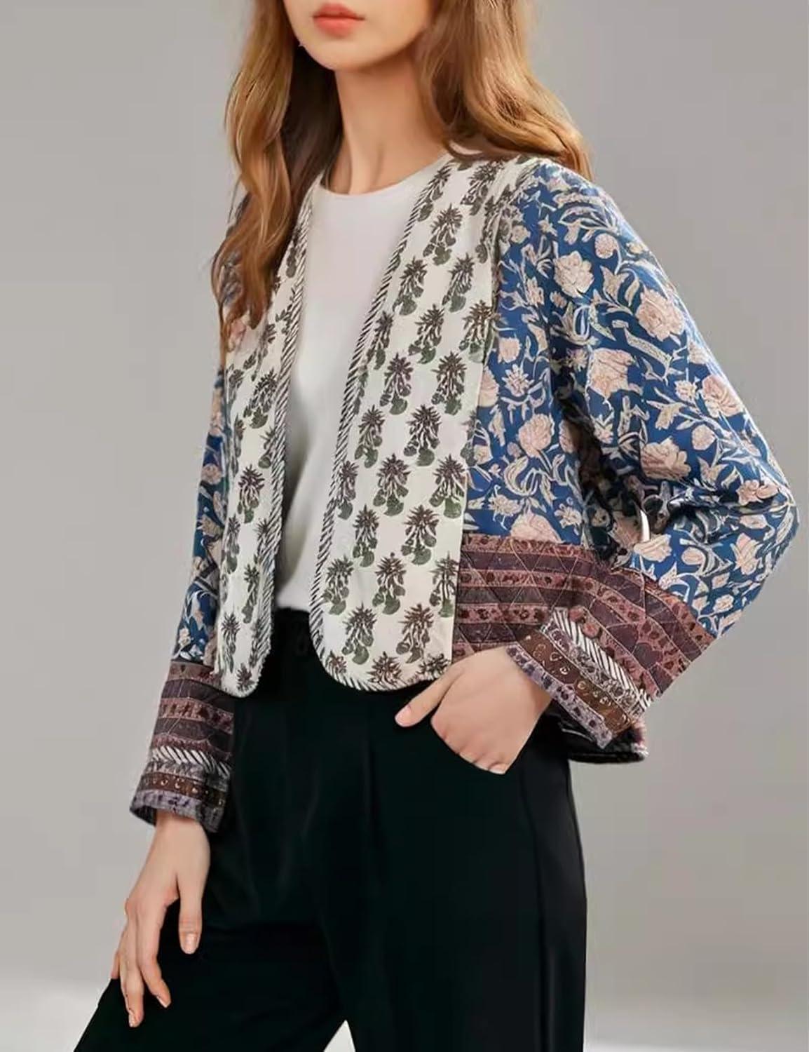 imageFlygo Women Cropped Puffer Jacket Cardigan Floral Printed Quilted Coats Lightweight Open Front Crop Padded Down Jackets01 Blue