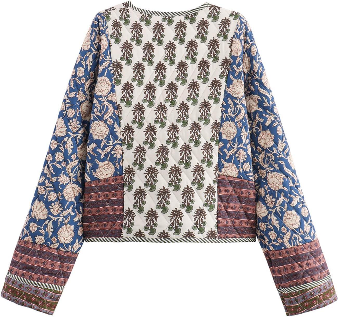 imageFlygo Women Cropped Puffer Jacket Cardigan Floral Printed Quilted Coats Lightweight Open Front Crop Padded Down Jackets01 Blue