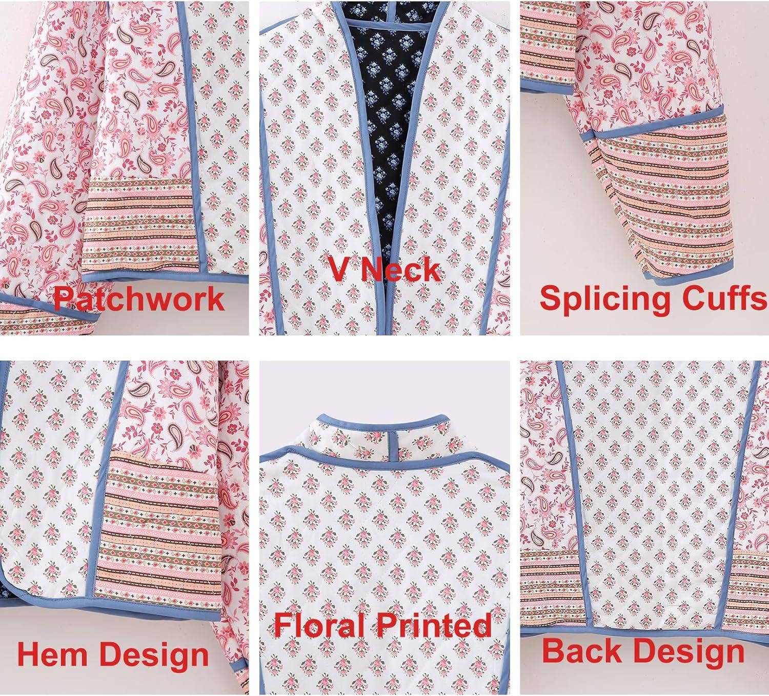 imageFlygo Women Cropped Puffer Jacket Cardigan Floral Printed Quilted Coats Lightweight Open Front Crop Padded Down Jackets01 Pink