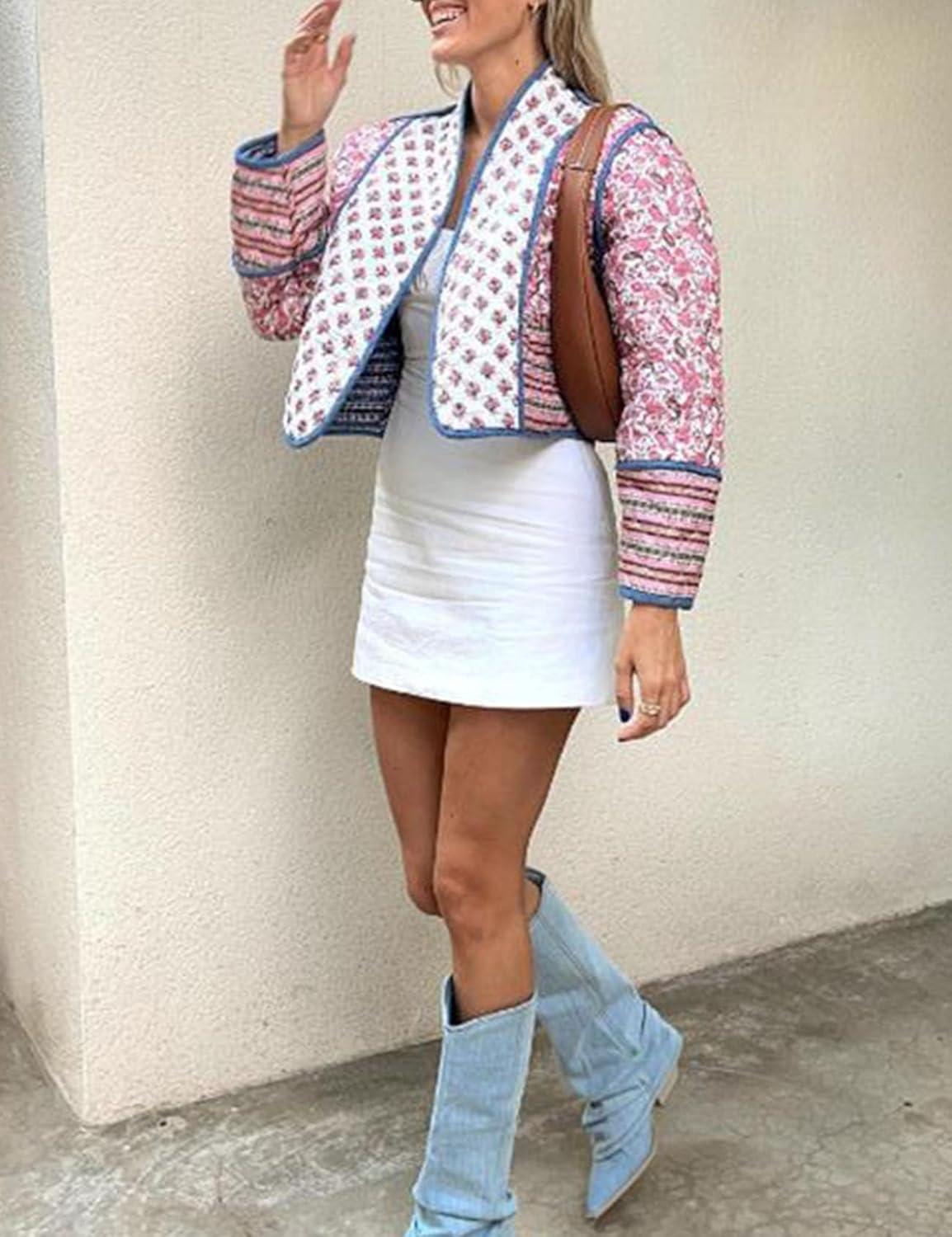 imageFlygo Women Cropped Puffer Jacket Cardigan Floral Printed Quilted Coats Lightweight Open Front Crop Padded Down Jackets01 Pink