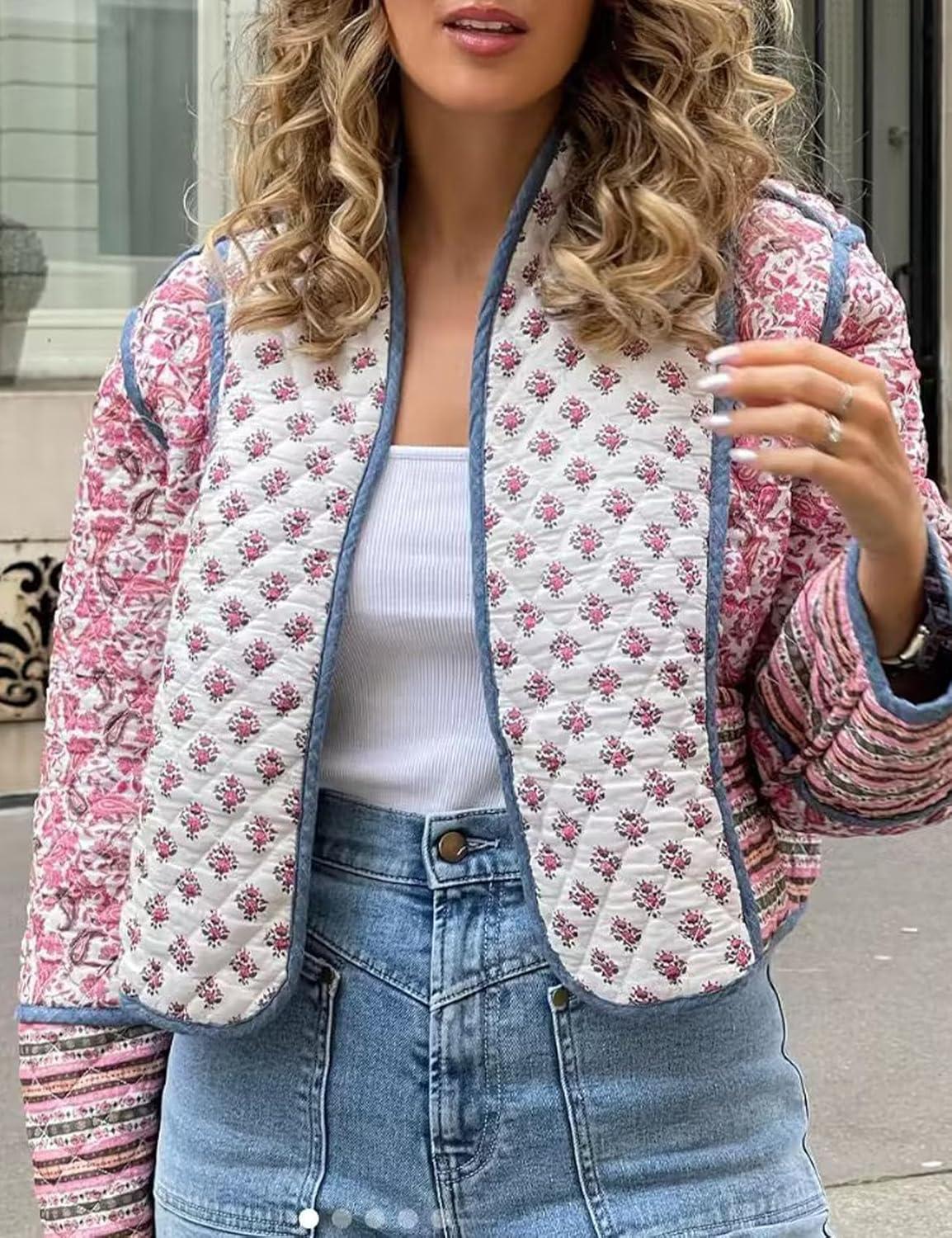 imageFlygo Women Cropped Puffer Jacket Cardigan Floral Printed Quilted Coats Lightweight Open Front Crop Padded Down Jackets01 Pink