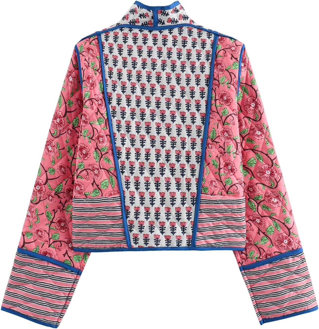 imageFlygo Women Cropped Puffer Jacket Cardigan Floral Printed Quilted Coats Lightweight Open Front Crop Padded Down Jackets01 Red