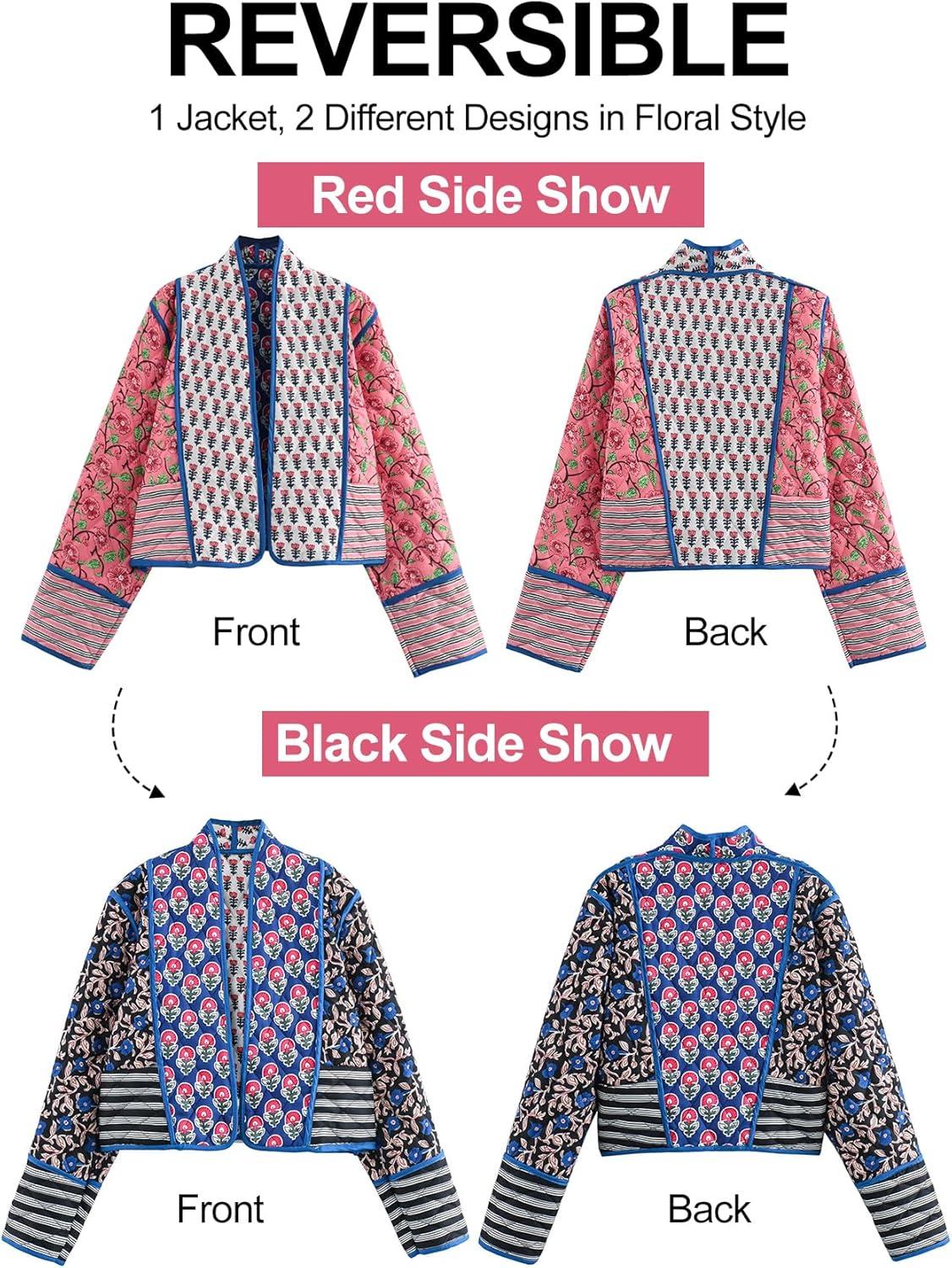 imageFlygo Women Cropped Puffer Jacket Cardigan Floral Printed Quilted Coats Lightweight Open Front Crop Padded Down Jackets01 Red