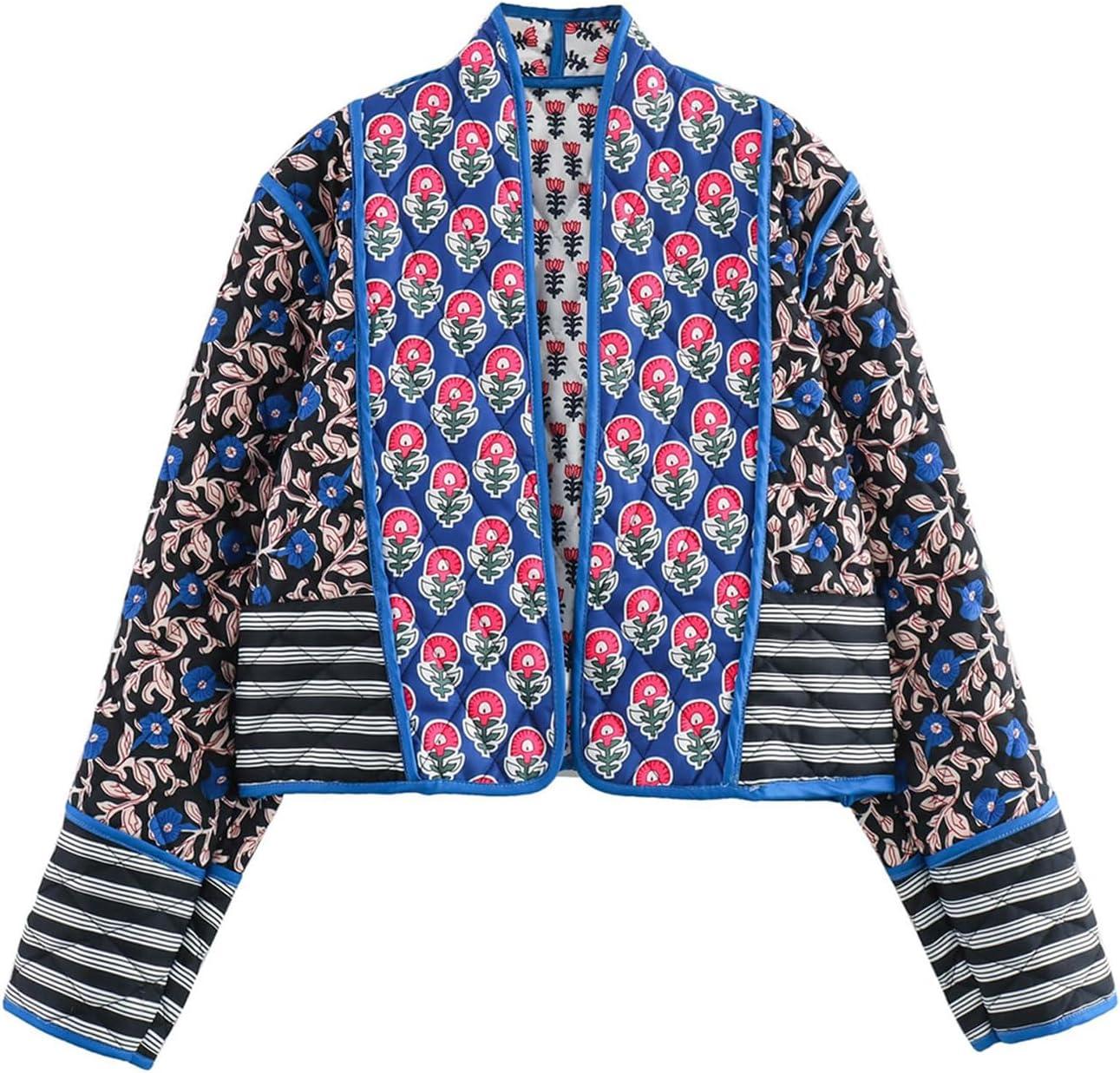 imageFlygo Women Cropped Puffer Jacket Cardigan Floral Printed Quilted Coats Lightweight Open Front Crop Padded Down Jackets01 Red