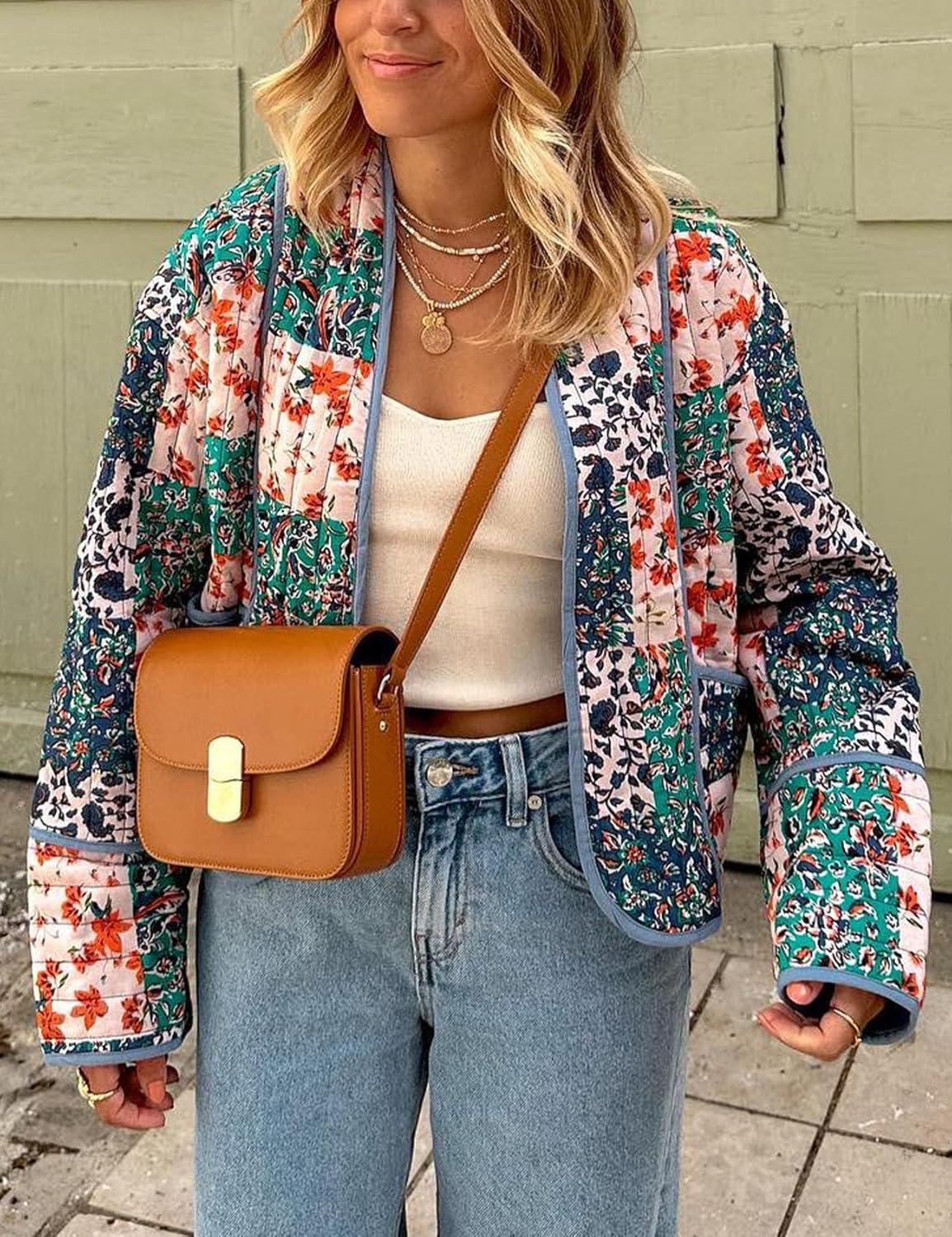 imageFlygo Women Cropped Puffer Jacket Cardigan Floral Printed Quilted Coats Lightweight Open Front Crop Padded Down Jackets02 Blue