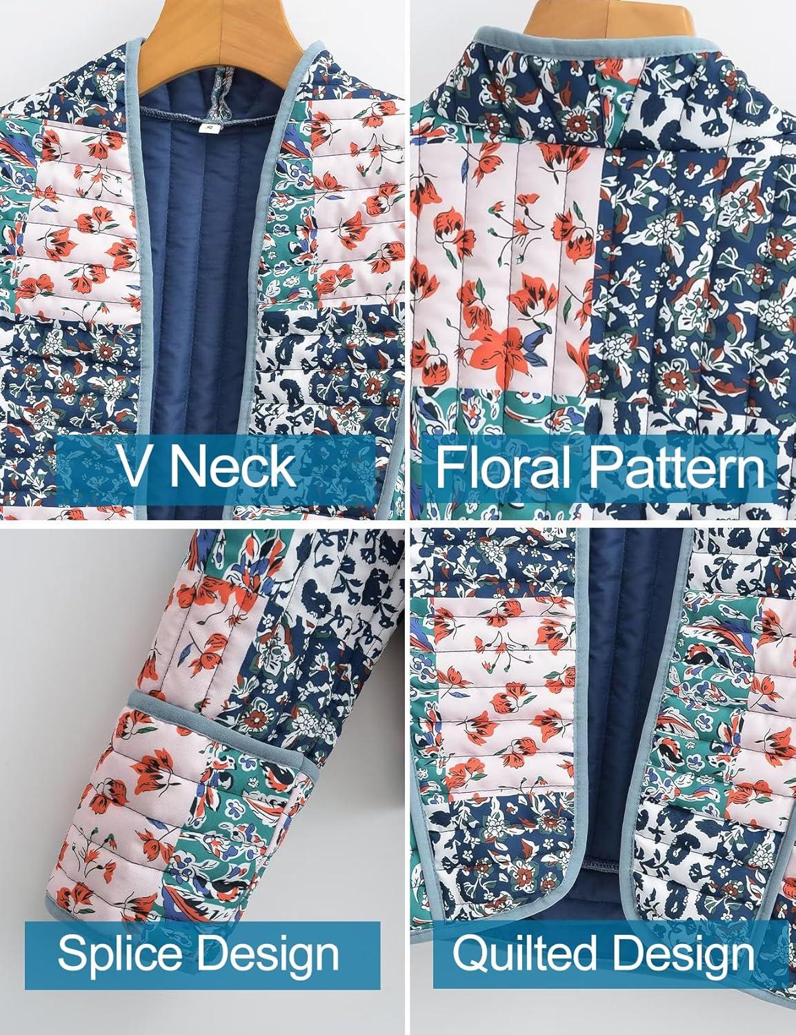 imageFlygo Women Cropped Puffer Jacket Cardigan Floral Printed Quilted Coats Lightweight Open Front Crop Padded Down Jackets02 Blue