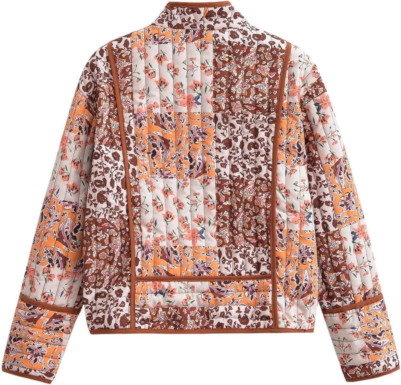 imageFlygo Women Cropped Puffer Jacket Cardigan Floral Printed Quilted Coats Lightweight Open Front Crop Padded Down Jackets02 Brown