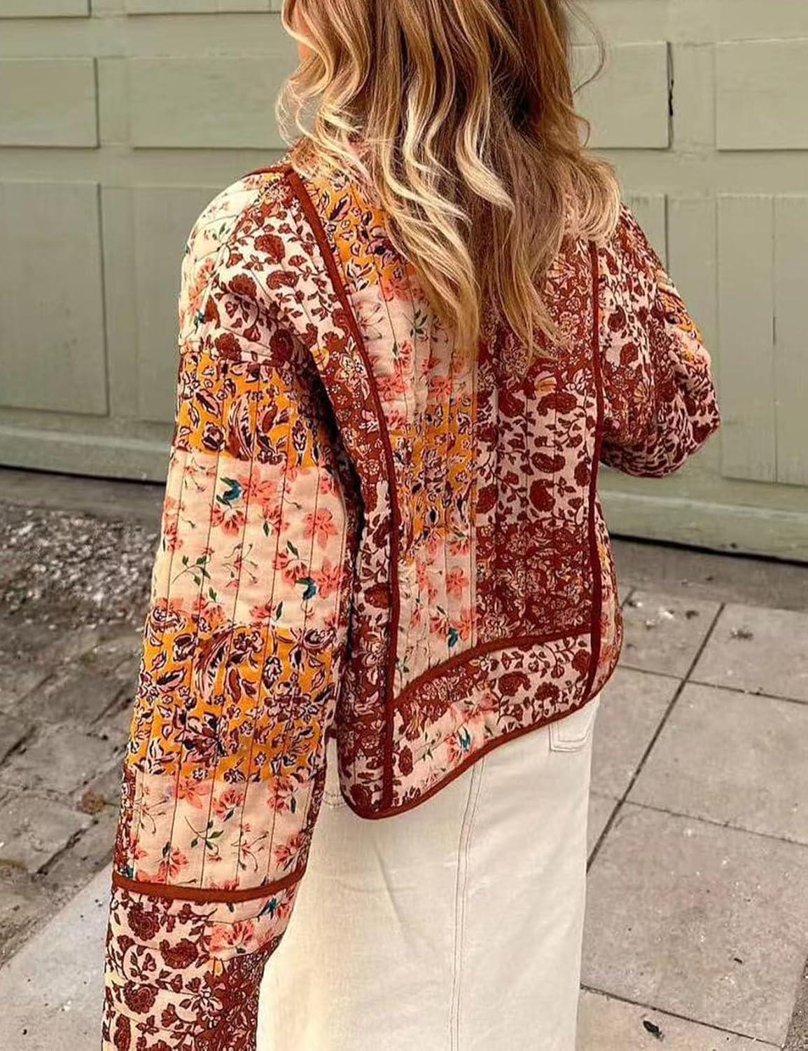 imageFlygo Women Cropped Puffer Jacket Cardigan Floral Printed Quilted Coats Lightweight Open Front Crop Padded Down Jackets02 Brown