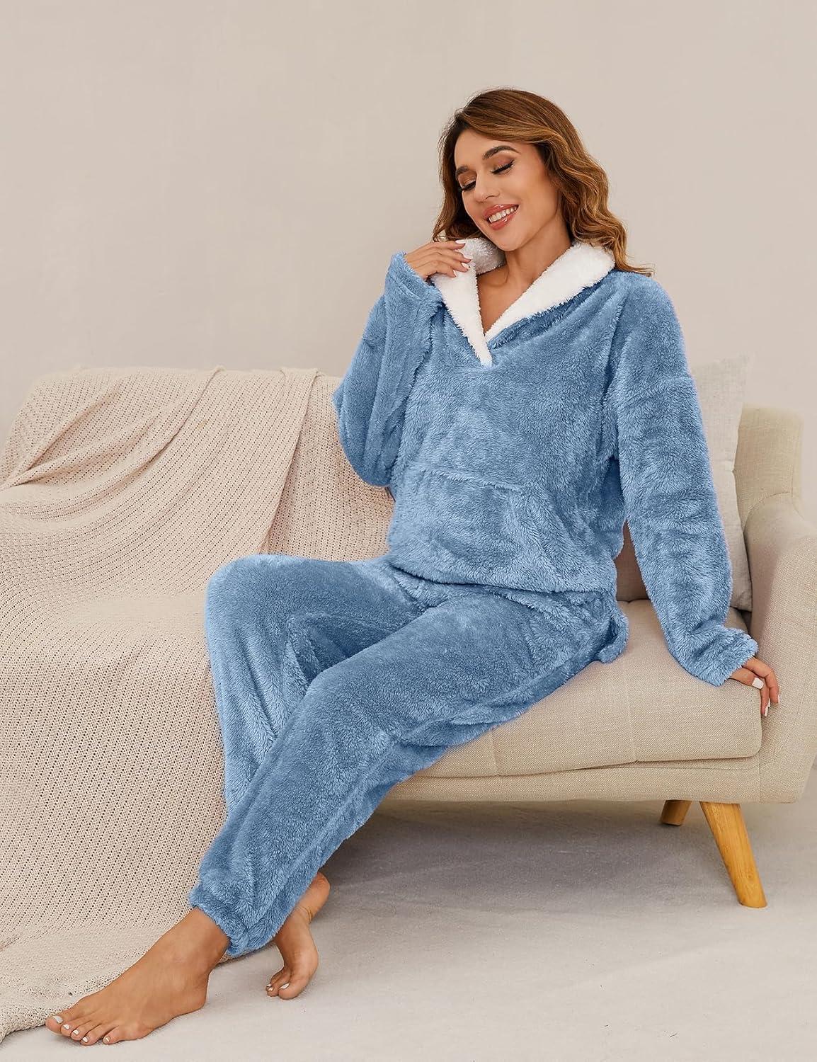 imageFlygo Women Fuzzy Warm Fleece Pajamas Sets Winter Flannel Sleepwear Fluffy Pajama Pullover Top Lounge Pants Set02 Bluekangaroo Pocket