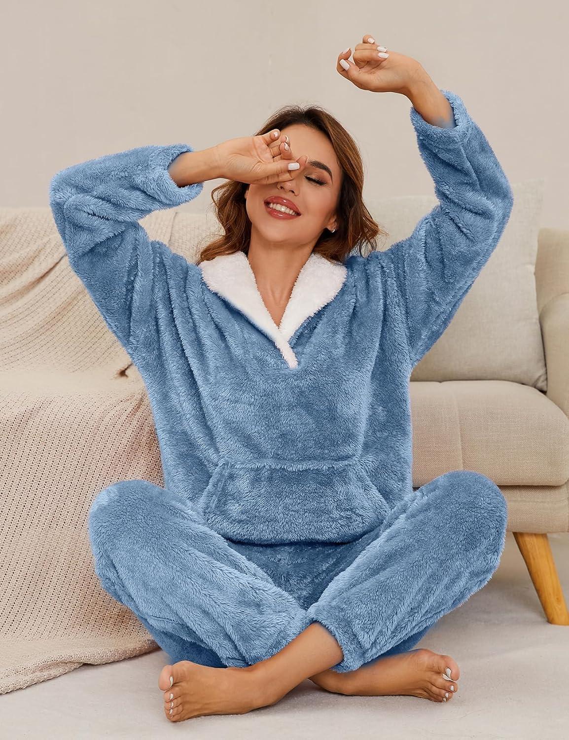imageFlygo Women Fuzzy Warm Fleece Pajamas Sets Winter Flannel Sleepwear Fluffy Pajama Pullover Top Lounge Pants Set02 Bluekangaroo Pocket