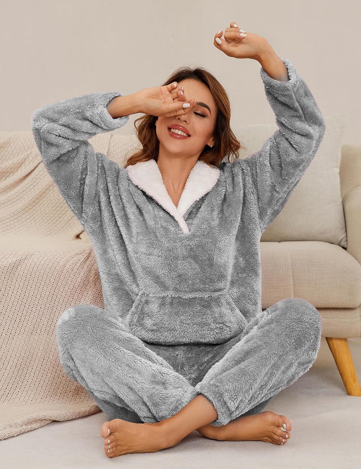 imageFlygo Women Fuzzy Warm Fleece Pajamas Sets Winter Flannel Sleepwear Fluffy Pajama Pullover Top Lounge Pants Set02 Greykangaroo Pocket