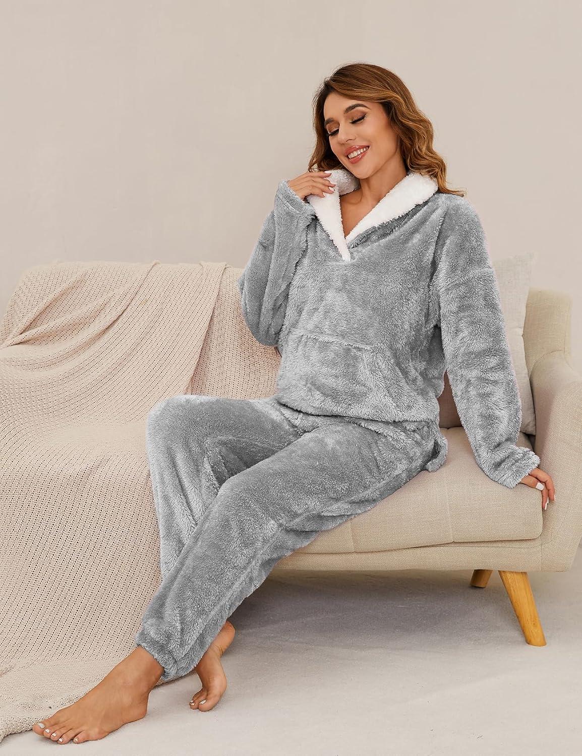 imageFlygo Women Fuzzy Warm Fleece Pajamas Sets Winter Flannel Sleepwear Fluffy Pajama Pullover Top Lounge Pants Set02 Greykangaroo Pocket
