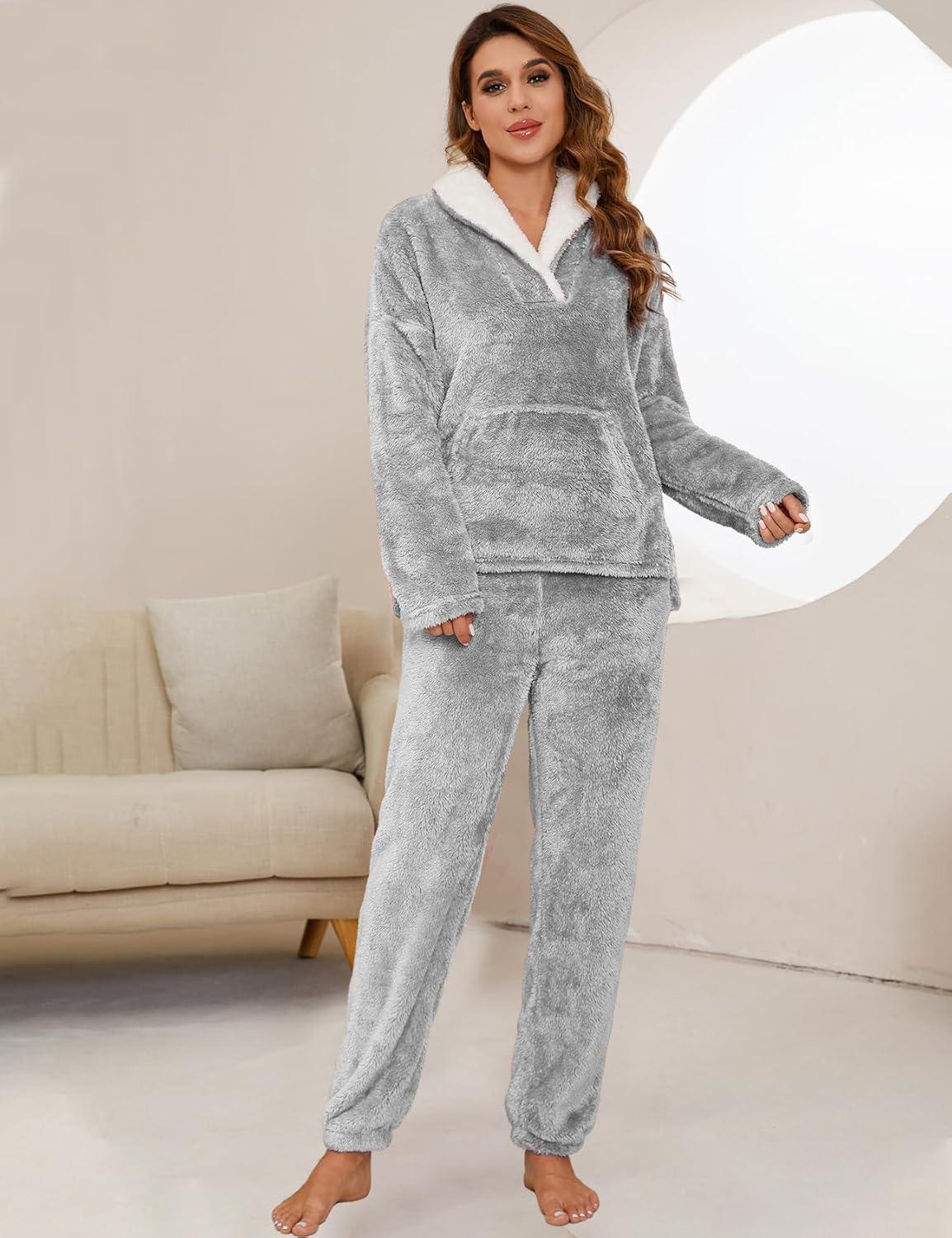 imageFlygo Women Fuzzy Warm Fleece Pajamas Sets Winter Flannel Sleepwear Fluffy Pajama Pullover Top Lounge Pants Set02 Greykangaroo Pocket