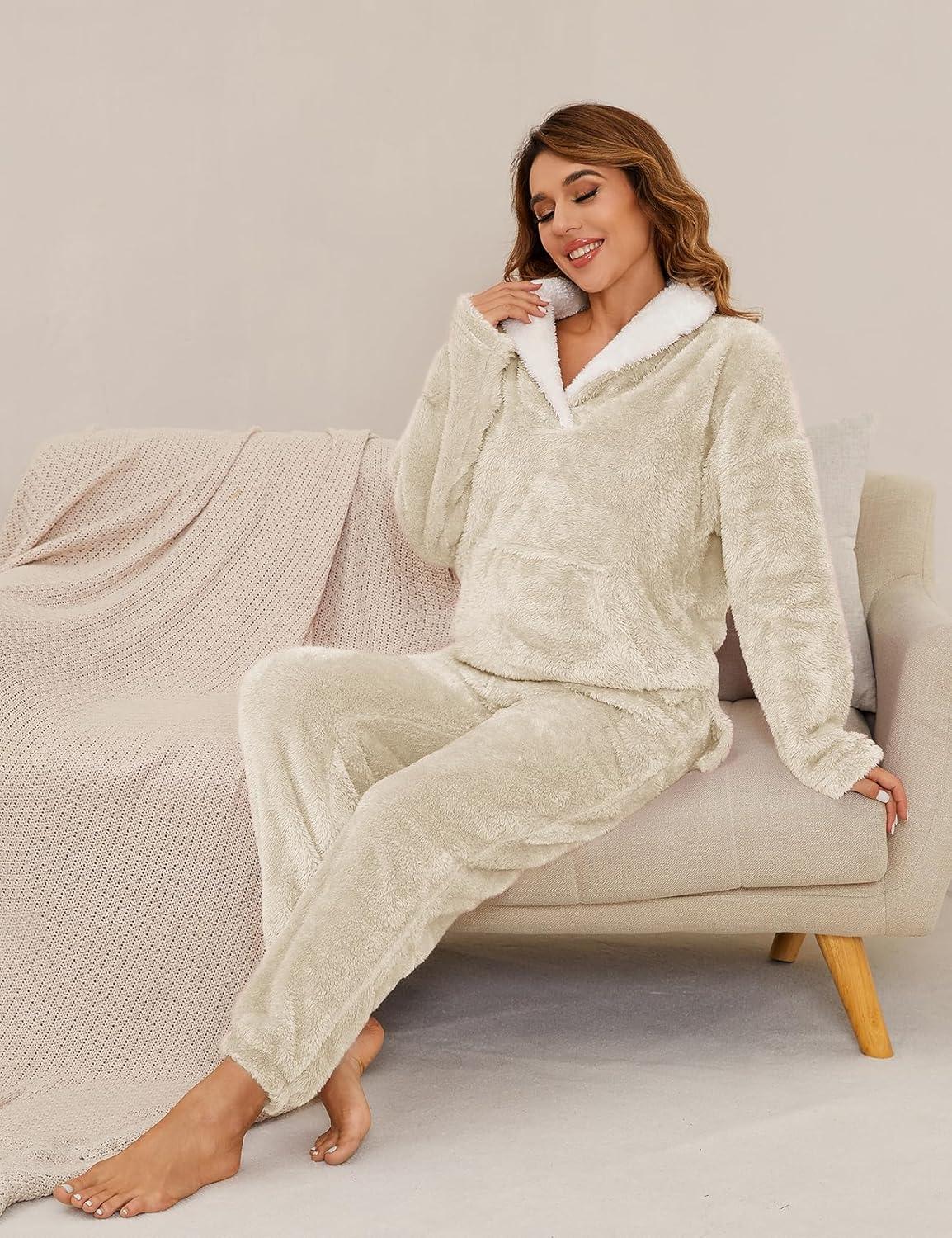 imageFlygo Women Fuzzy Warm Fleece Pajamas Sets Winter Flannel Sleepwear Fluffy Pajama Pullover Top Lounge Pants Set02 Khakikangaroo Pocket