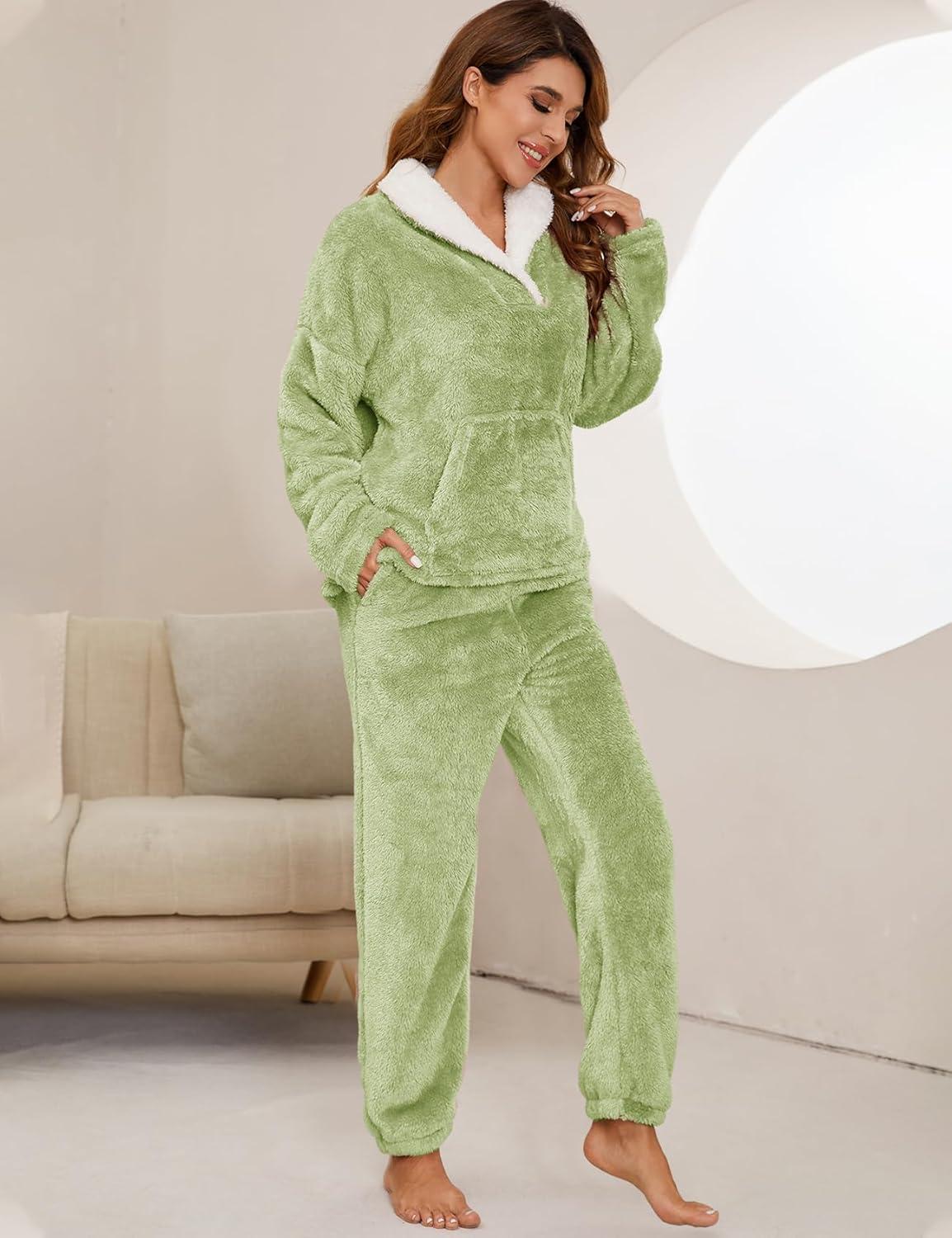imageFlygo Women Fuzzy Warm Fleece Pajamas Sets Winter Flannel Sleepwear Fluffy Pajama Pullover Top Lounge Pants Set02 Lightgreenkangaroo Pocket