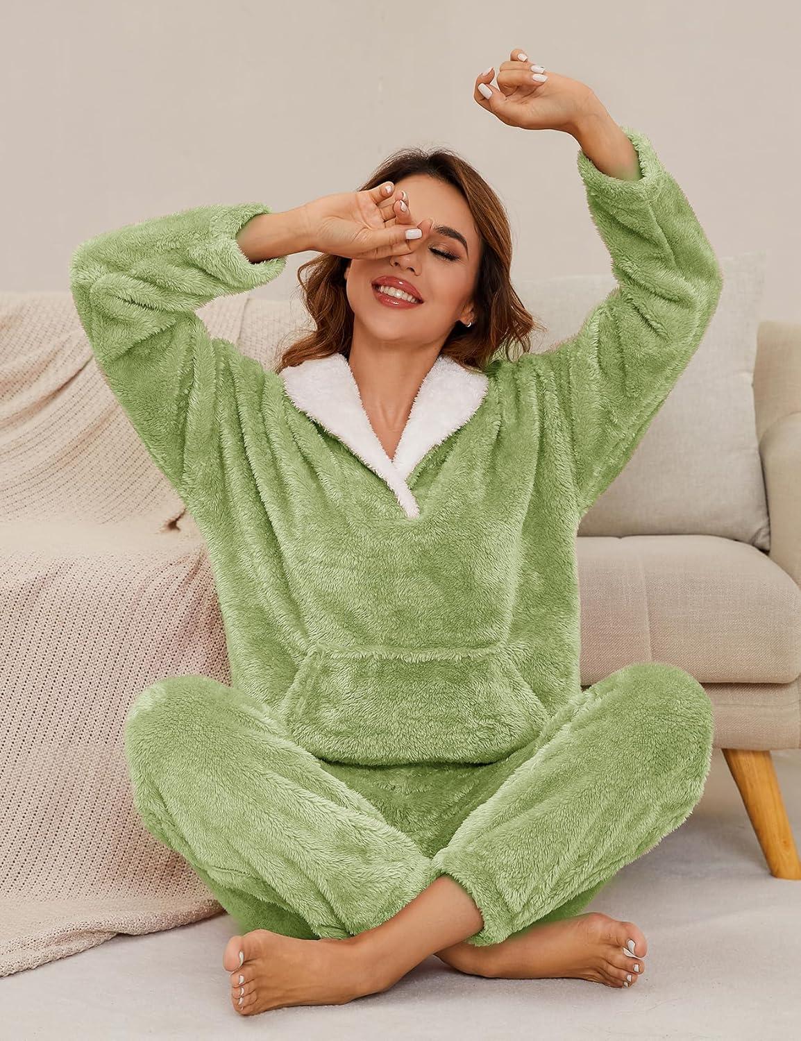 imageFlygo Women Fuzzy Warm Fleece Pajamas Sets Winter Flannel Sleepwear Fluffy Pajama Pullover Top Lounge Pants Set02 Lightgreenkangaroo Pocket