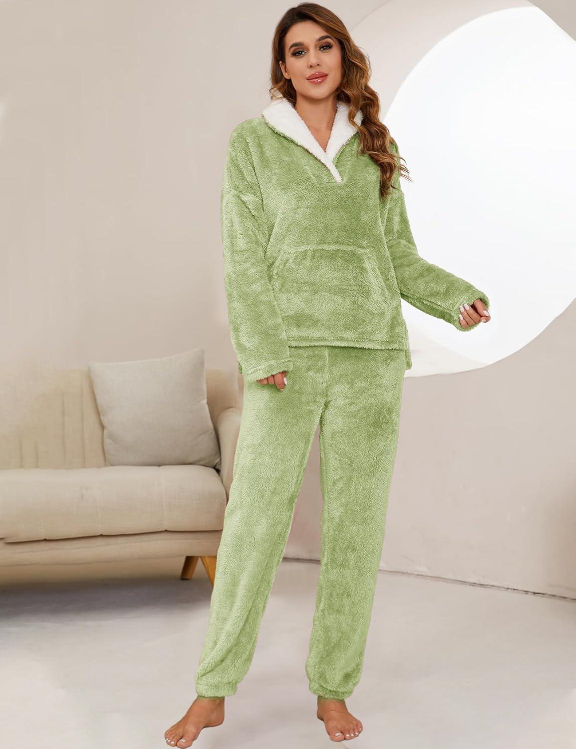 imageFlygo Women Fuzzy Warm Fleece Pajamas Sets Winter Flannel Sleepwear Fluffy Pajama Pullover Top Lounge Pants Set02 Lightgreenkangaroo Pocket