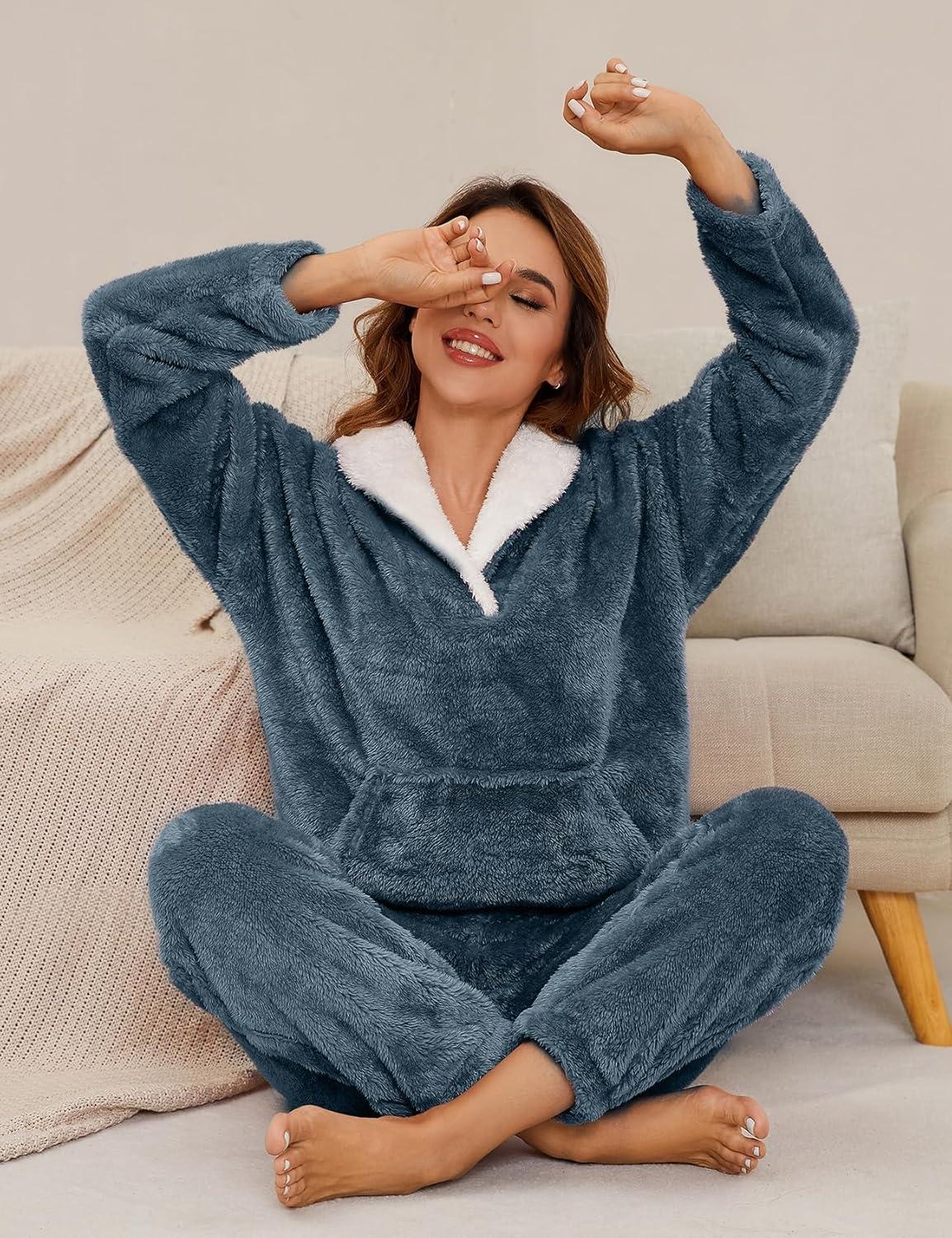 imageFlygo Women Fuzzy Warm Fleece Pajamas Sets Winter Flannel Sleepwear Fluffy Pajama Pullover Top Lounge Pants Set02 Navykangaroo Pocket