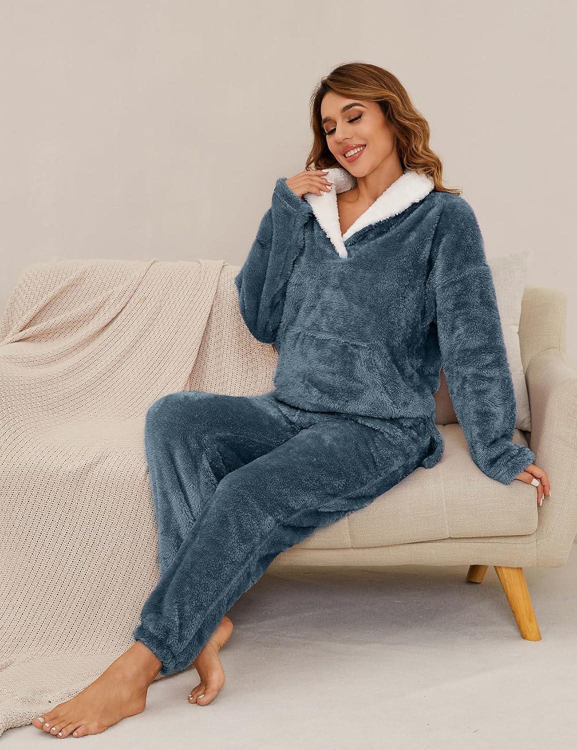 imageFlygo Women Fuzzy Warm Fleece Pajamas Sets Winter Flannel Sleepwear Fluffy Pajama Pullover Top Lounge Pants Set02 Navykangaroo Pocket