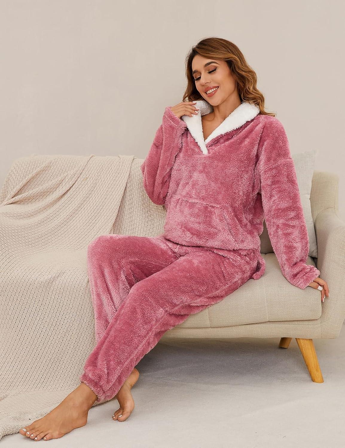 imageFlygo Women Fuzzy Warm Fleece Pajamas Sets Winter Flannel Sleepwear Fluffy Pajama Pullover Top Lounge Pants Set02 Pinkkangaroo Pocket