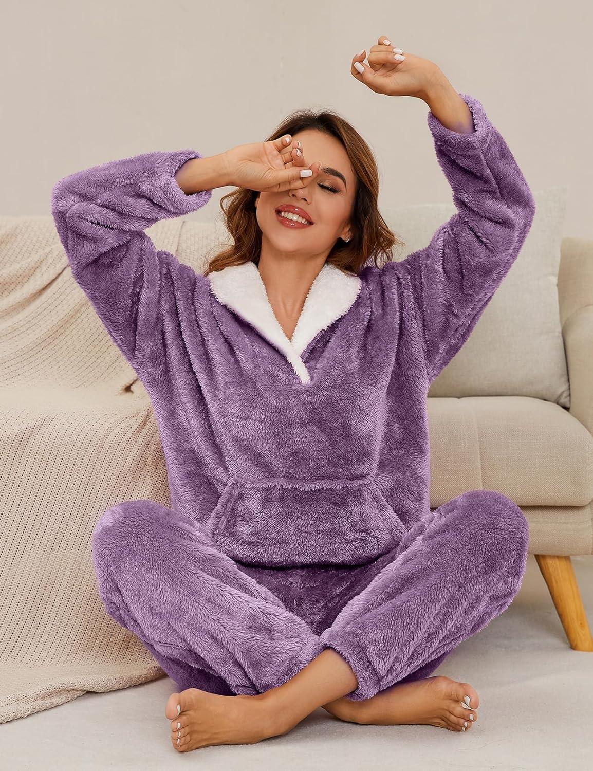 imageFlygo Women Fuzzy Warm Fleece Pajamas Sets Winter Flannel Sleepwear Fluffy Pajama Pullover Top Lounge Pants Set02 Purplekangaroo Pocket