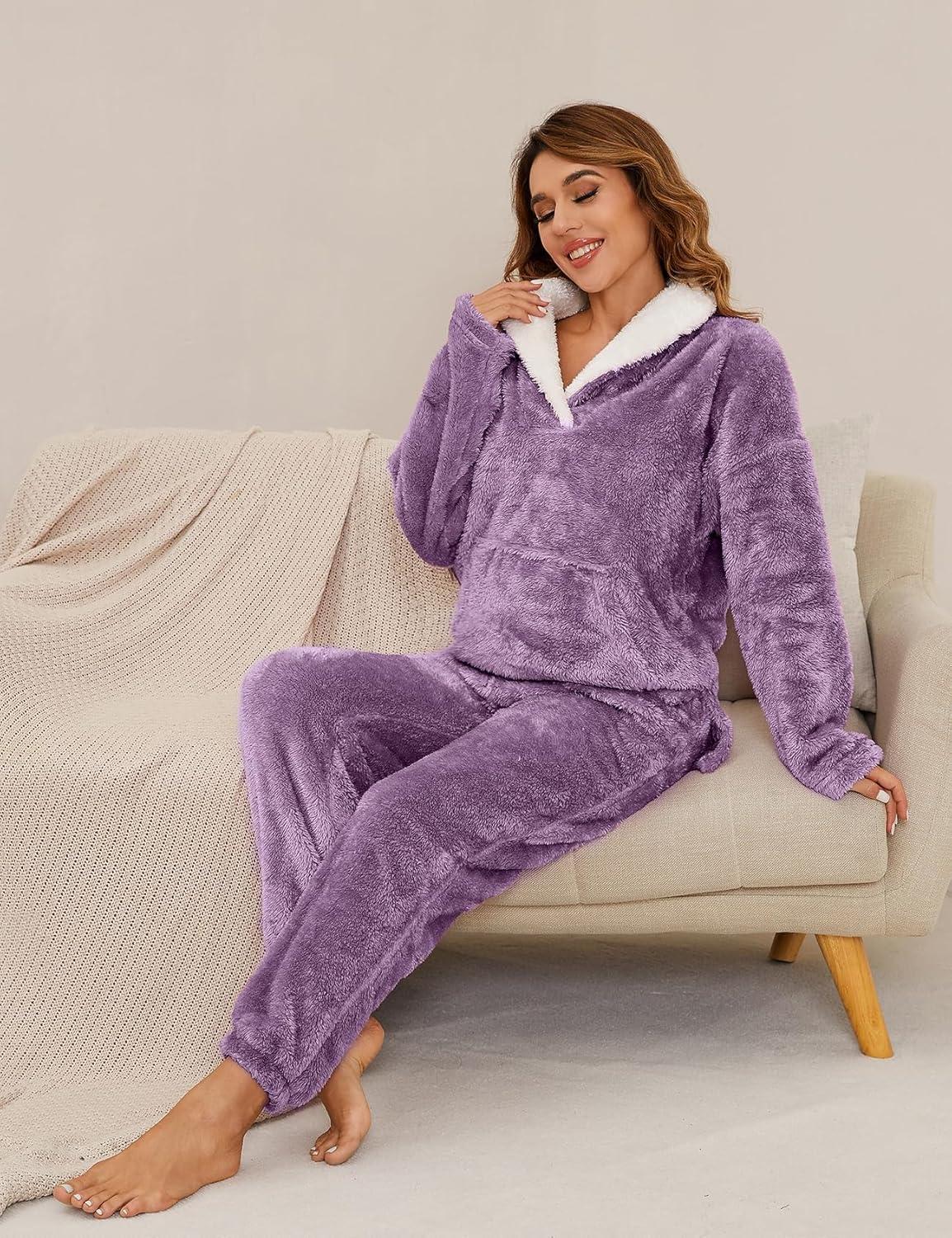 imageFlygo Women Fuzzy Warm Fleece Pajamas Sets Winter Flannel Sleepwear Fluffy Pajama Pullover Top Lounge Pants Set02 Purplekangaroo Pocket