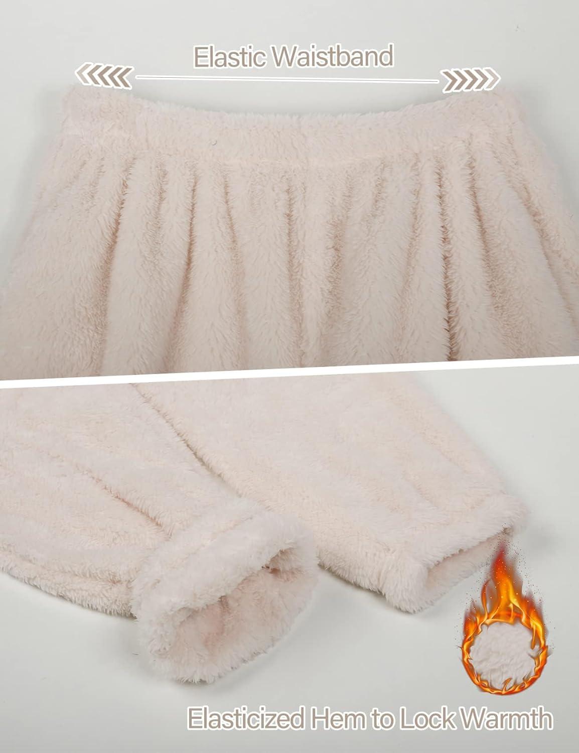 imageFlygo Women Fuzzy Warm Fleece Pajamas Sets Winter Flannel Sleepwear Fluffy Pajama Pullover Top Lounge Pants SetBeige