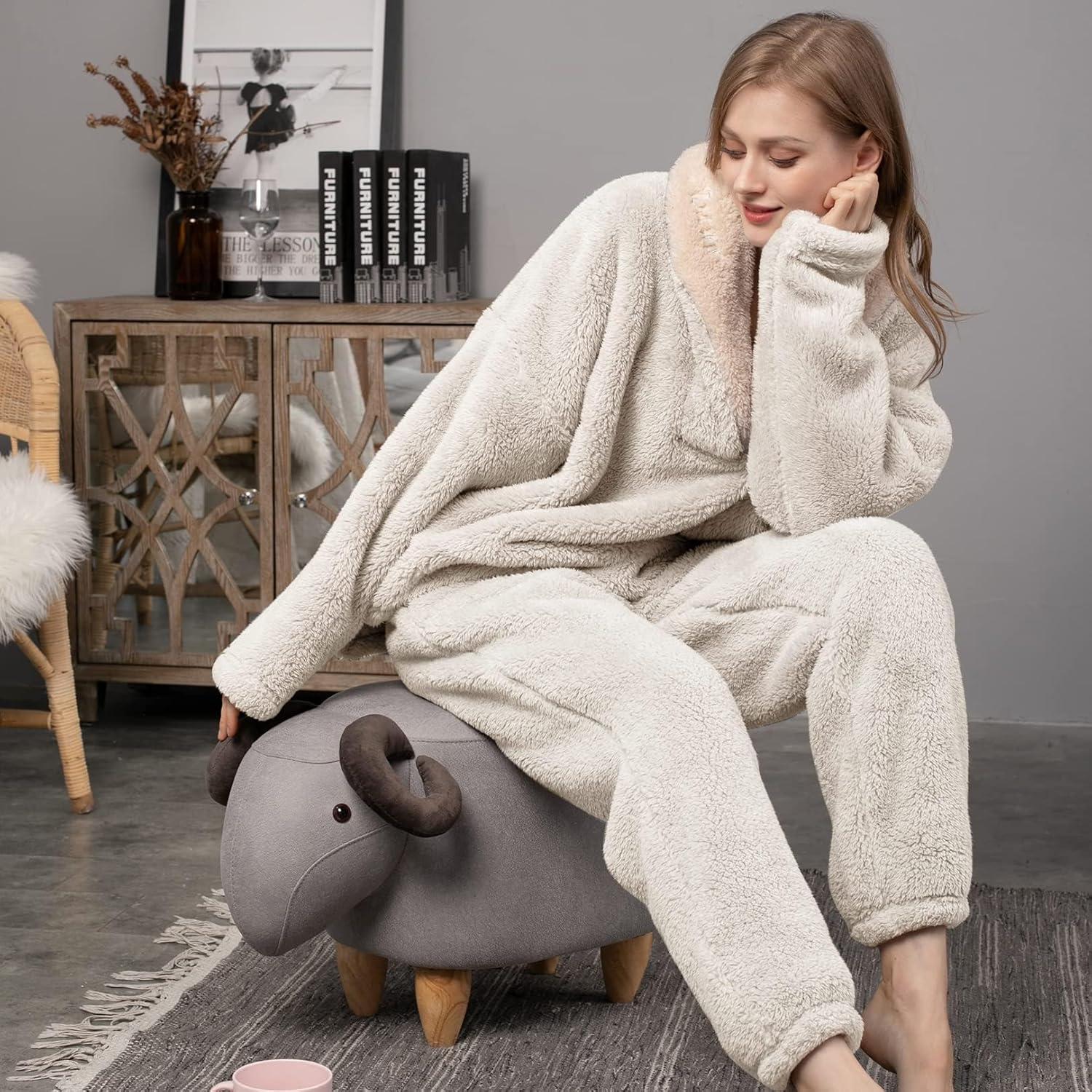 imageFlygo Women Fuzzy Warm Fleece Pajamas Sets Winter Flannel Sleepwear Fluffy Pajama Pullover Top Lounge Pants SetBeige