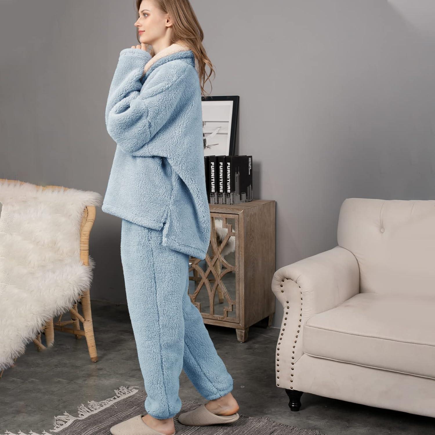 imageFlygo Women Fuzzy Warm Fleece Pajamas Sets Winter Flannel Sleepwear Fluffy Pajama Pullover Top Lounge Pants SetBlue