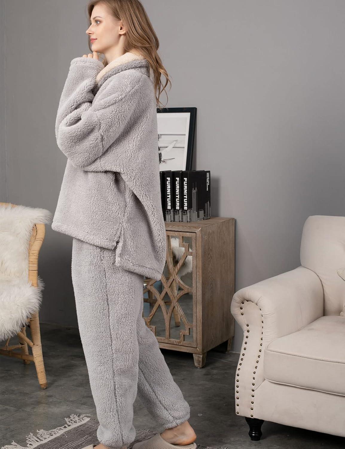 imageFlygo Women Fuzzy Warm Fleece Pajamas Sets Winter Flannel Sleepwear Fluffy Pajama Pullover Top Lounge Pants SetGrey