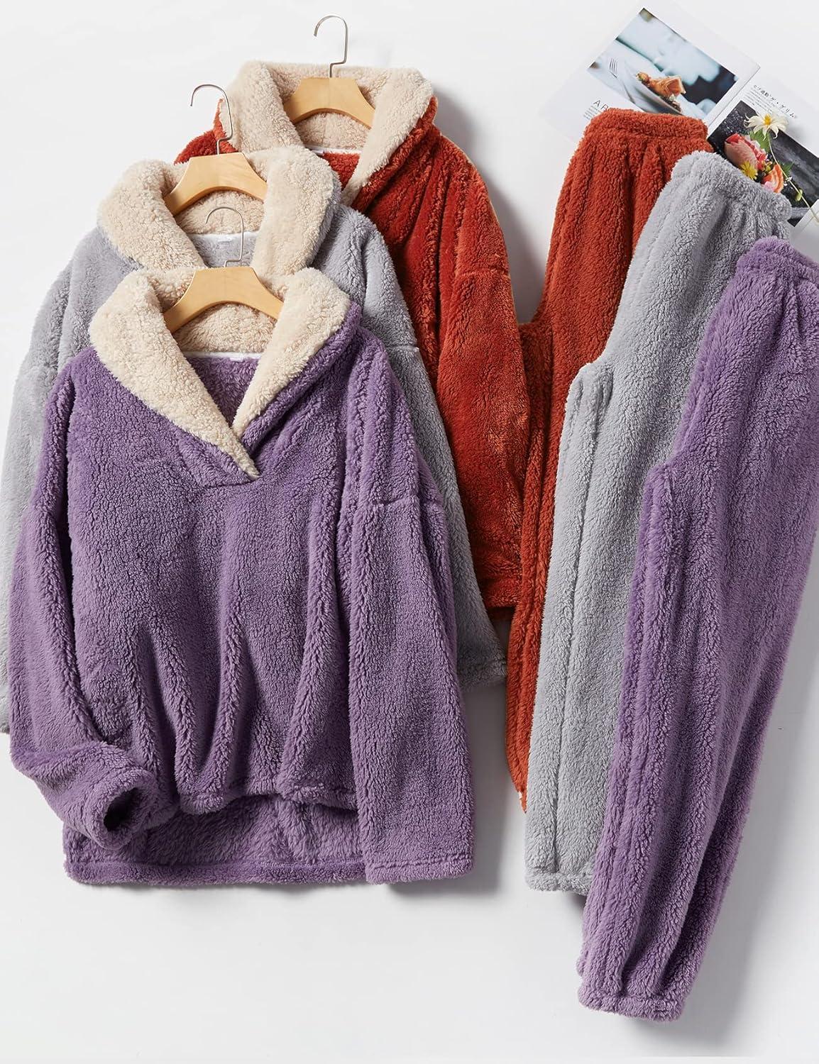 imageFlygo Women Fuzzy Warm Fleece Pajamas Sets Winter Flannel Sleepwear Fluffy Pajama Pullover Top Lounge Pants SetGrey